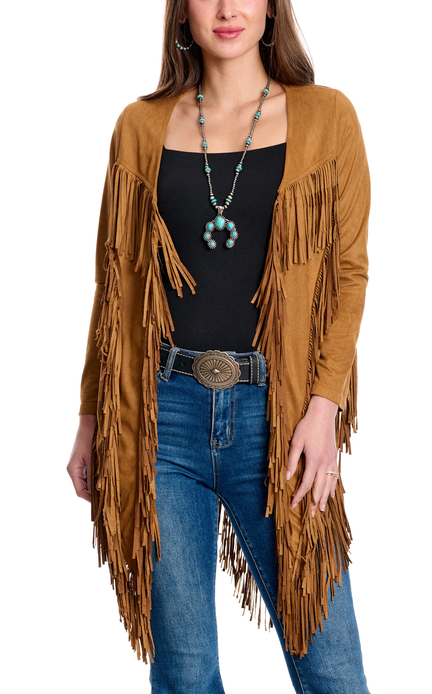 Rockin' C Women's Caramel Fringed Shark-Toothed Hem Cardigan - Image 1