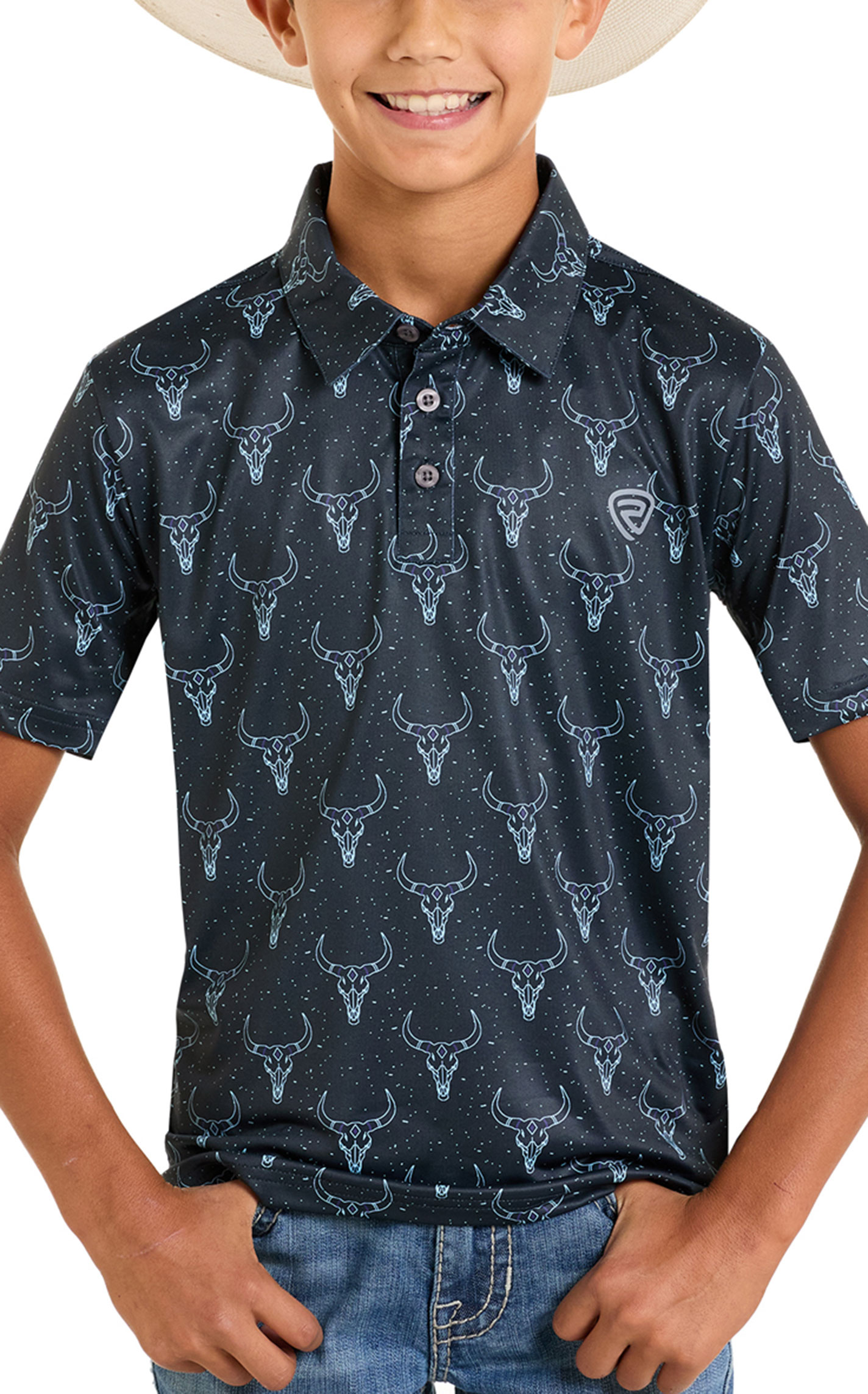 Rock & Roll Denim Boy's Black Longhorn Skull Polo Shirt - Image 1