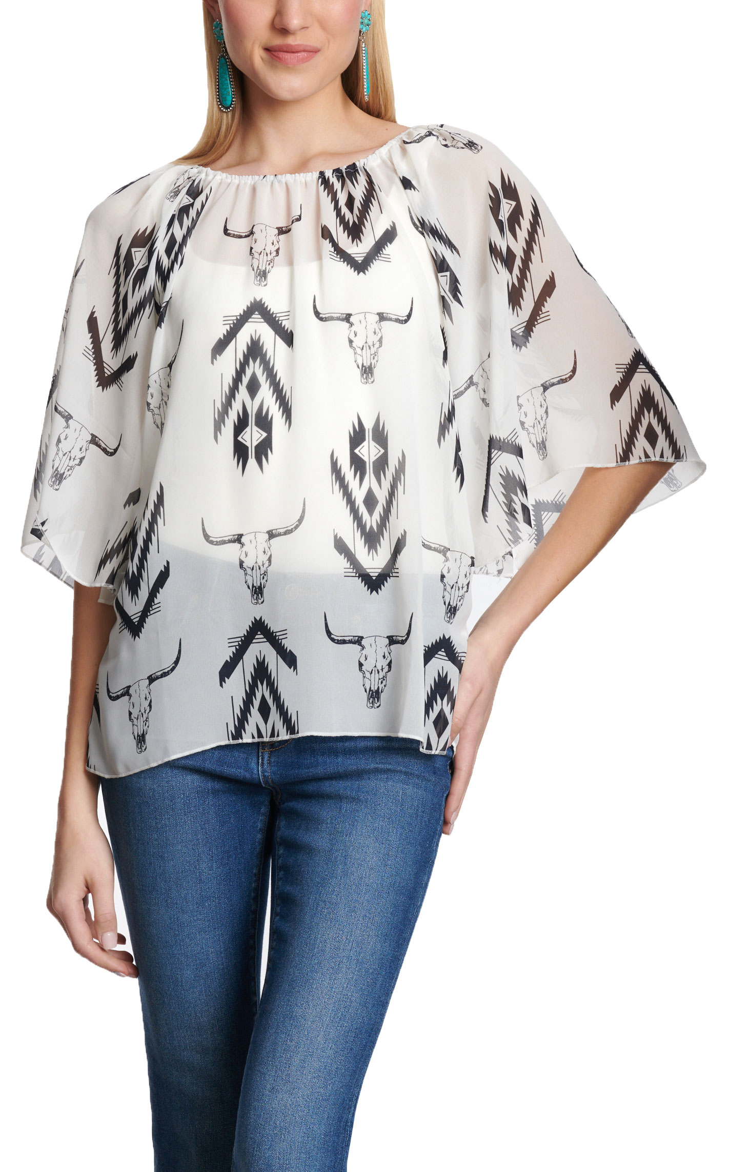 Cowgirl Hardware Women's Aztec Steer Print Chiffon Top - Image 1