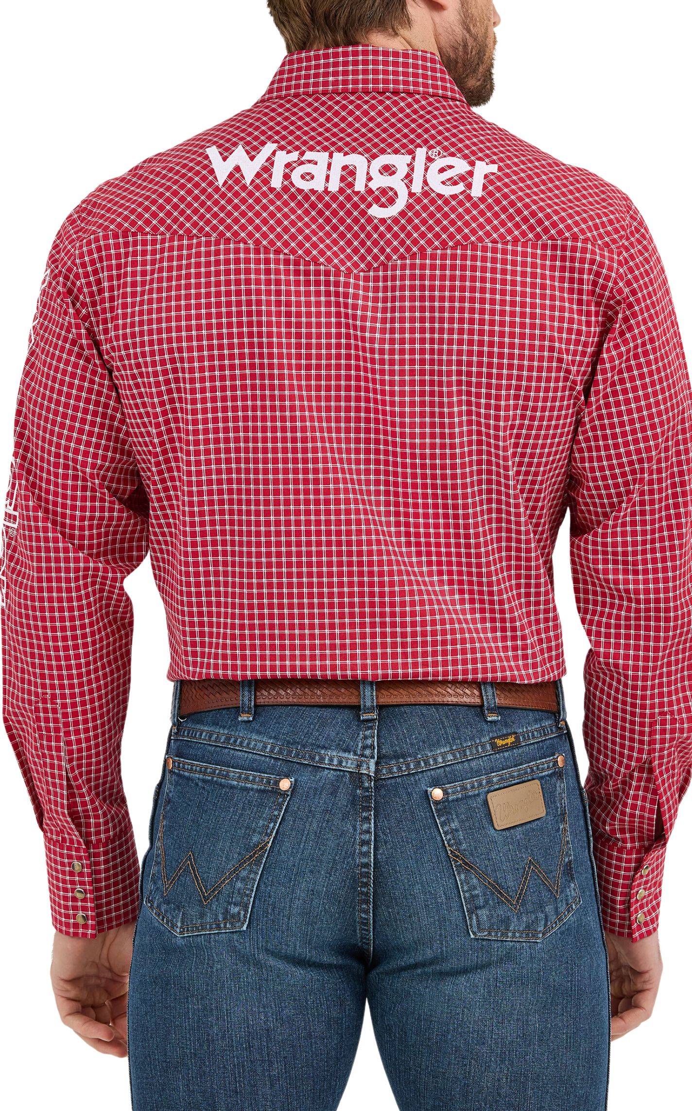 Wrangler Men's Red Plaid Embroidered Logo Western Shirt - Image 1