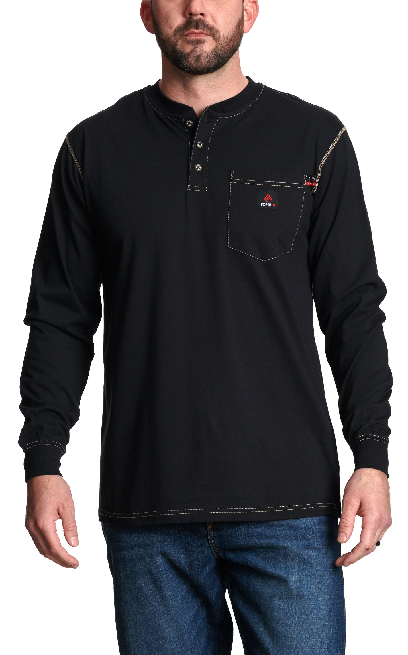 Forge Men's FR Black Contrast Stitch Light Weight Henley Shirt - Image 2
