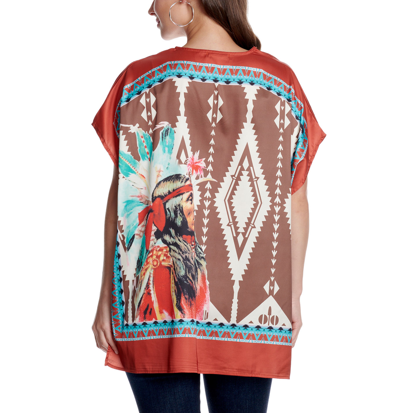Fashion Express Women's Brown & Coral Native American Print Top - Image 1