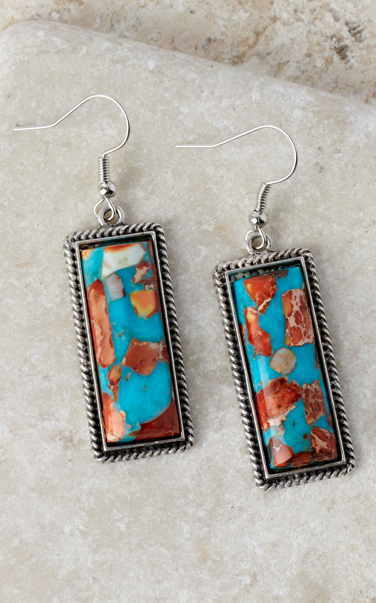 Rockin’ C Turquoise & Citrus Antiqued Silver Rope Long Rectangle Earrings - Image 1