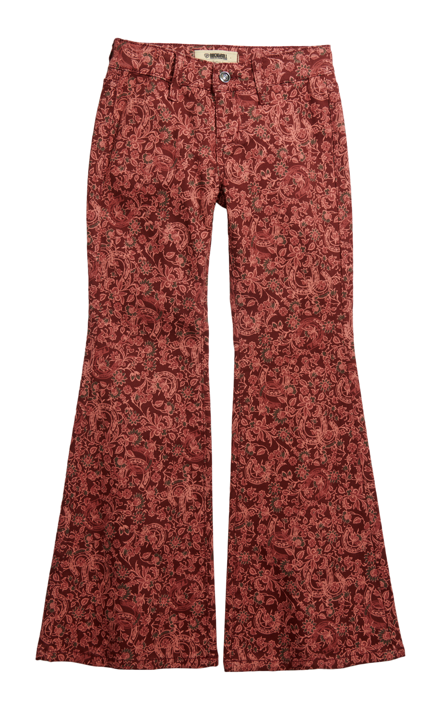 Rock & Roll Denim Girl's Burgundy & Floral Horseshoe Button Flare Leg Jeans - Image 1