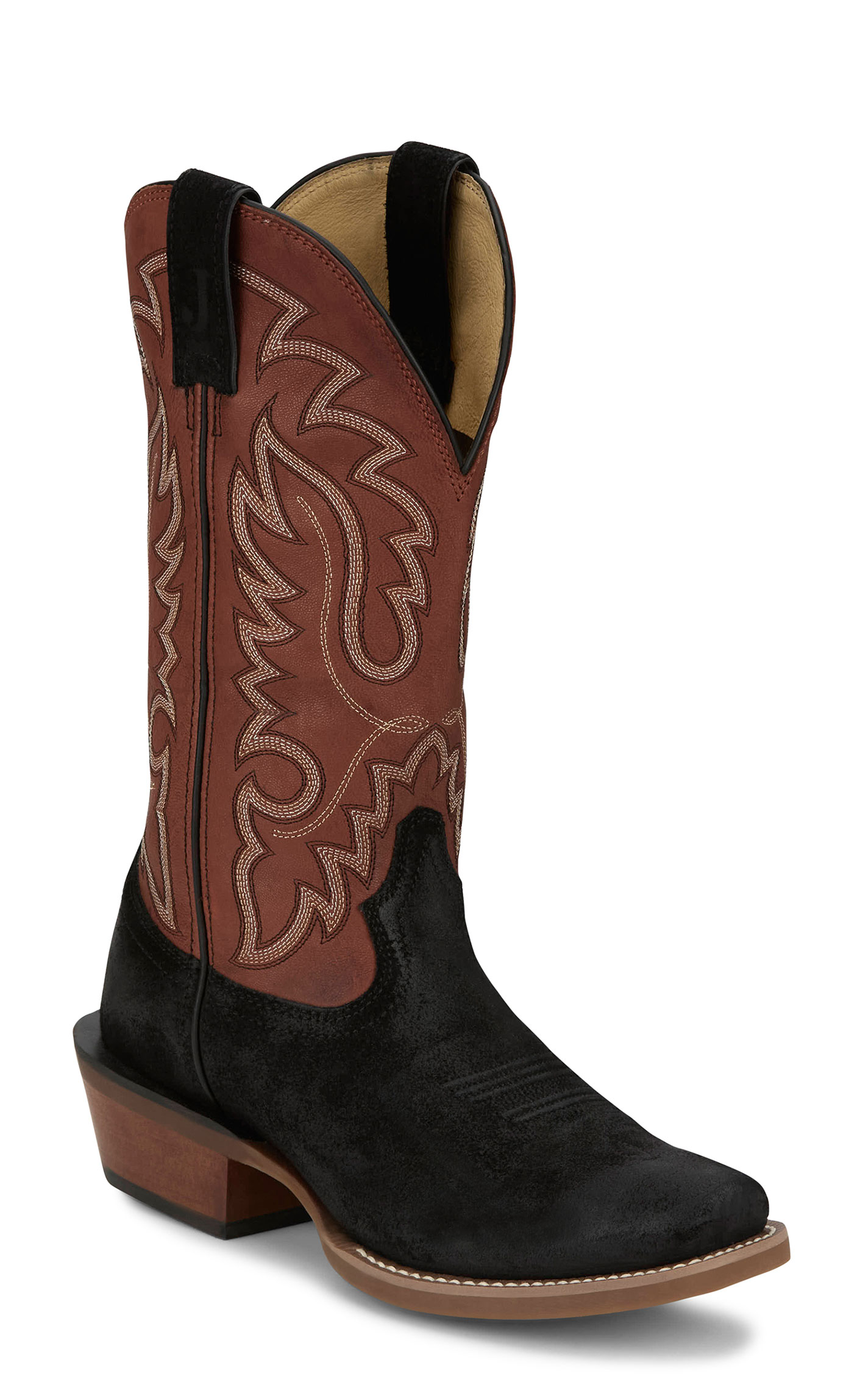 Justin Men’s Frontier Black Suede & Orange Goat Punchy Toe Cowboy Boots - Image 1
