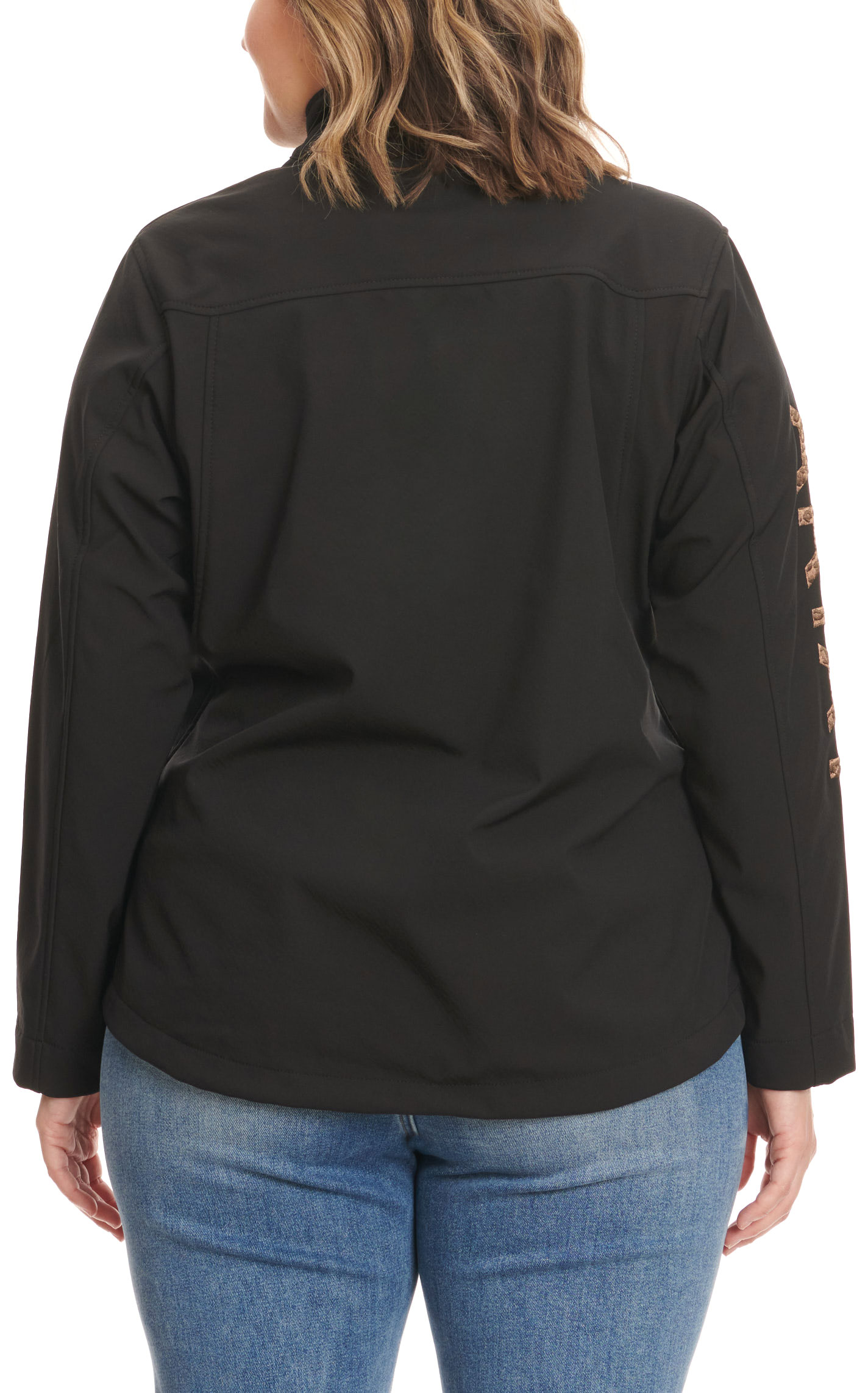 Ariat Women's Black with Leopard Print Logo Sleeve New Team Softshell Jacket - Plus Sizes - Image 1