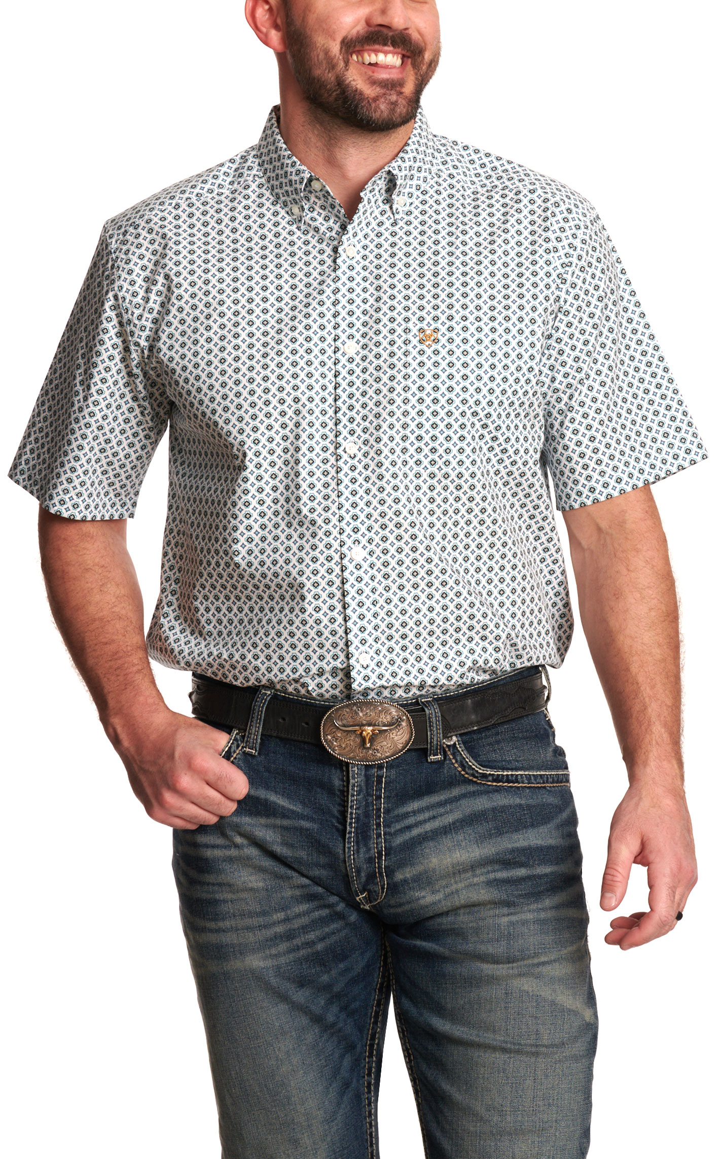 Ariat Men's White & Sea Green Geo Print Western Shirt - Image 1