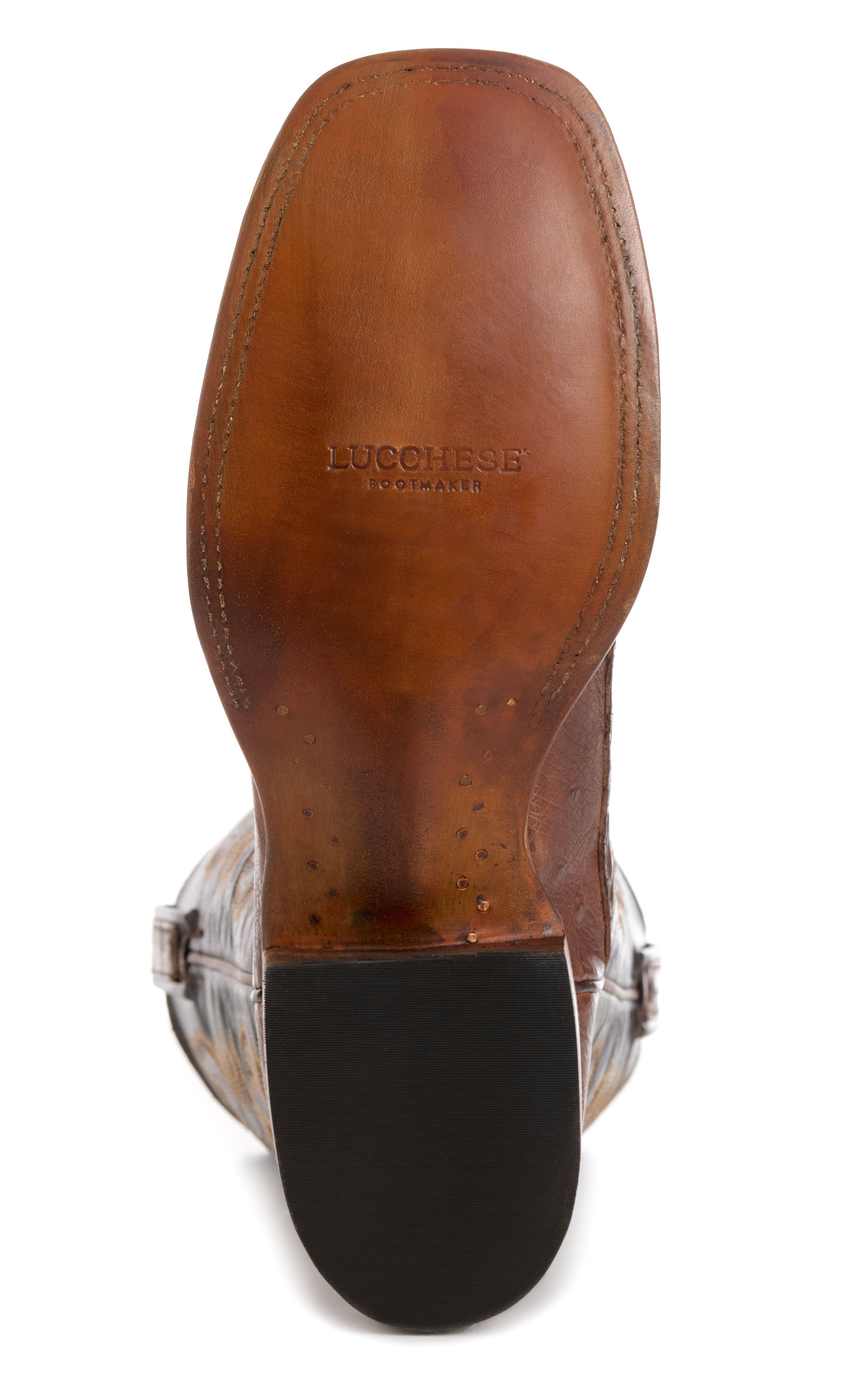 Lucchese Men's 1883 Barrel Brown Caiman Tail and Smooth Ostrich Square Toe Exotic Cowboy Boots - Image 1