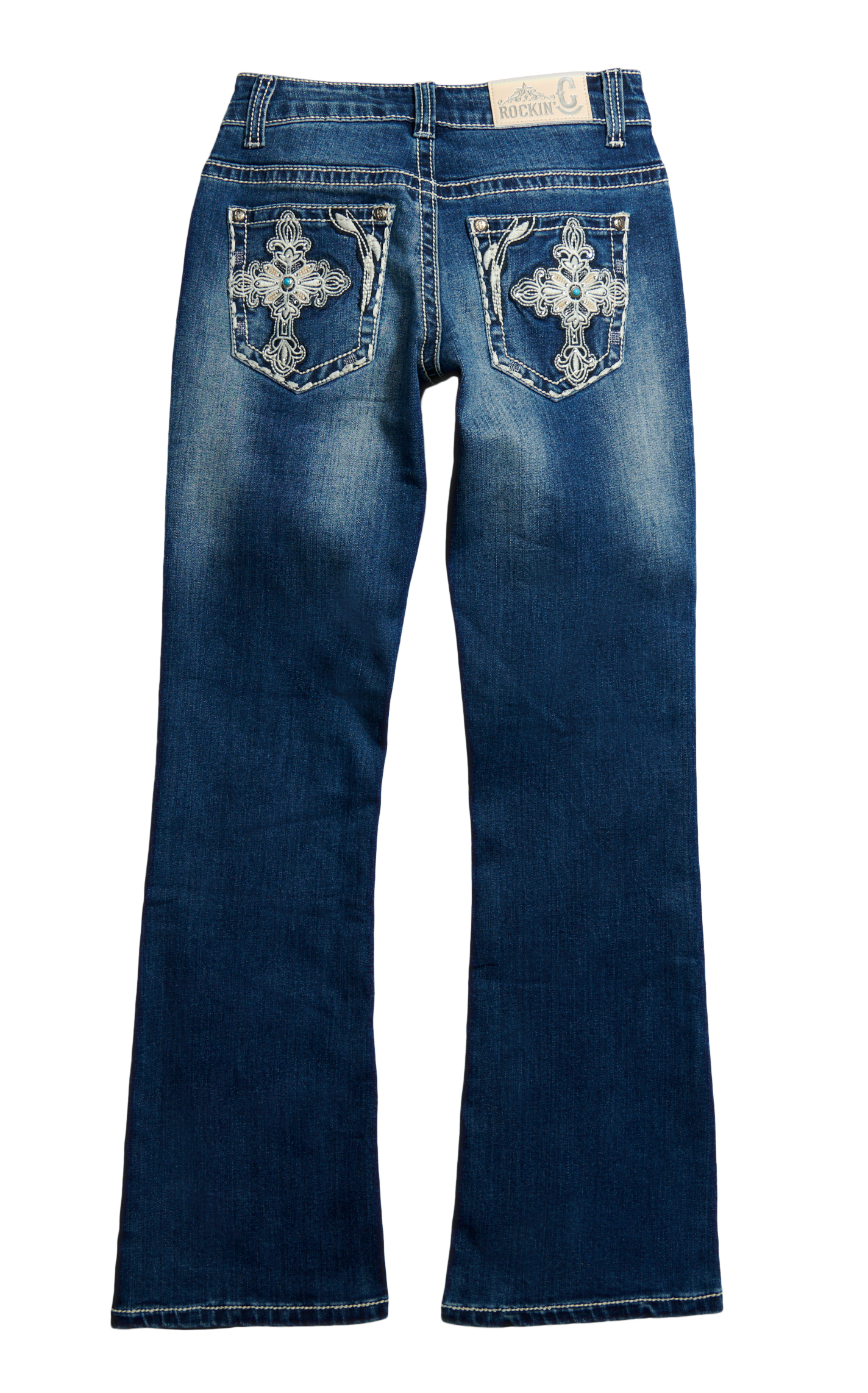 Rockin C Girl's Medium Wash Embroidered Cross & Bling Bootcut Jeans - Image 1