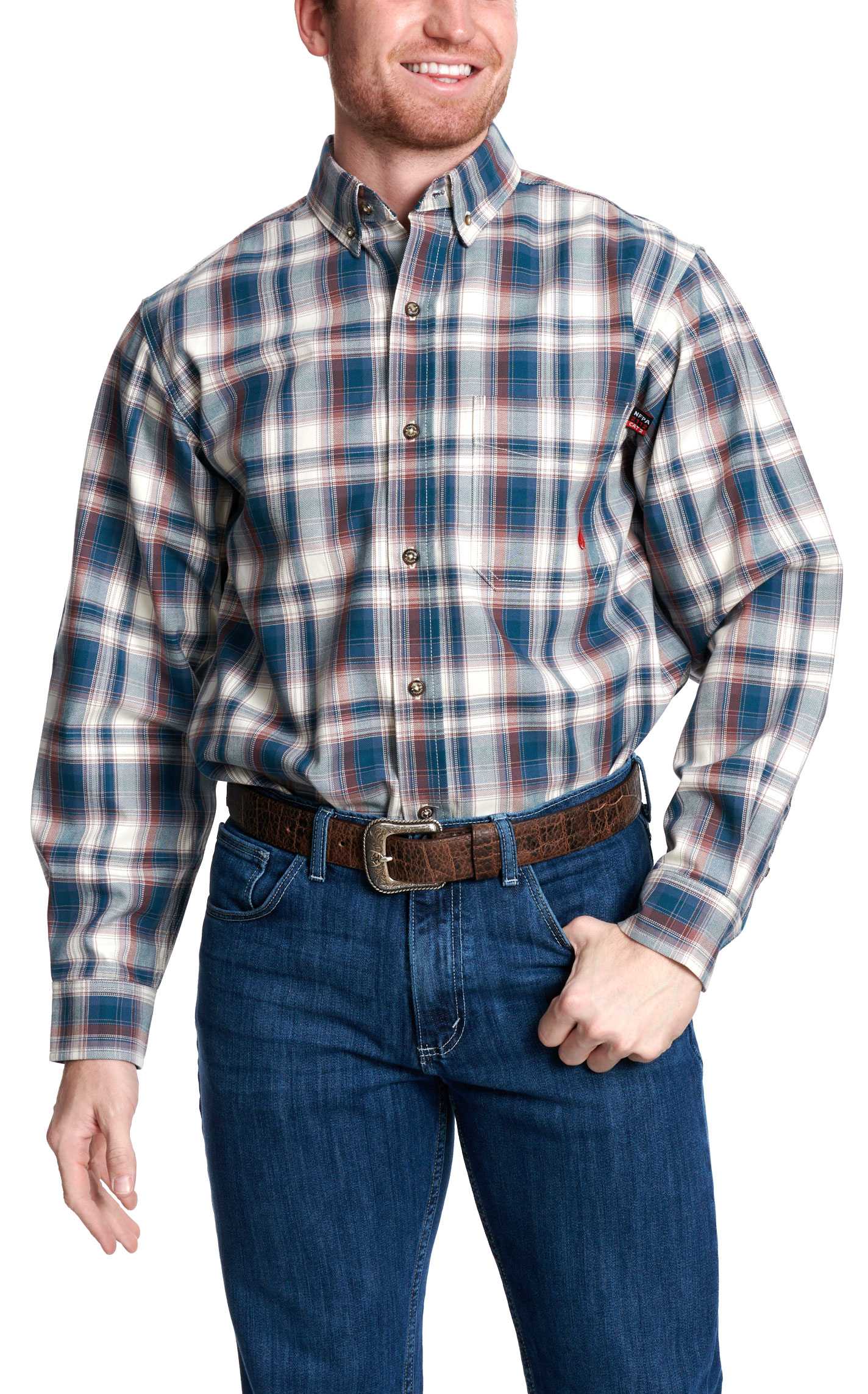 Forge Men's Aegean & Red Plaid FR Work Shirt - Image 2