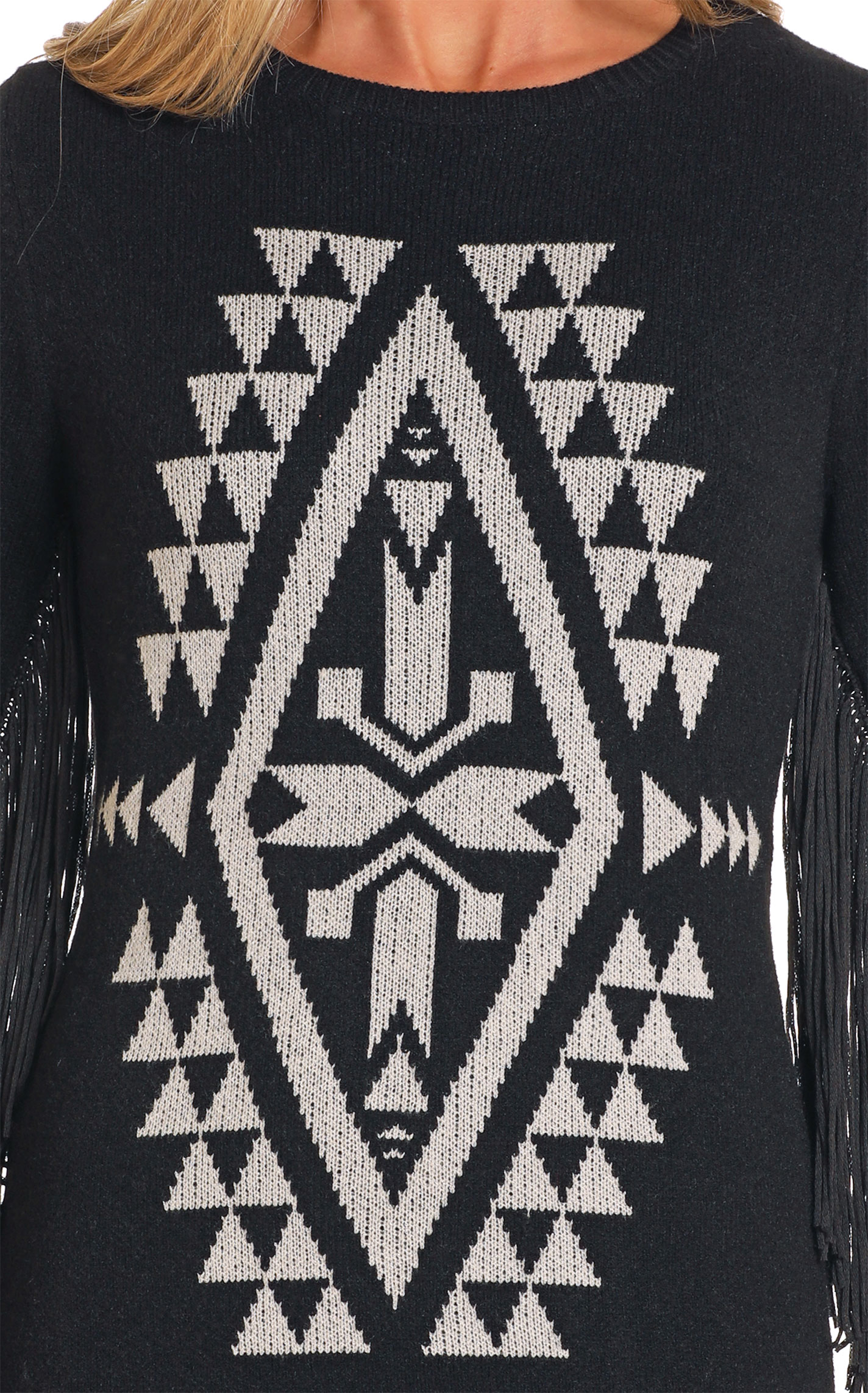 Rock & Roll Denim Black & White Aztec Fringed Sweater Dress - Image 1