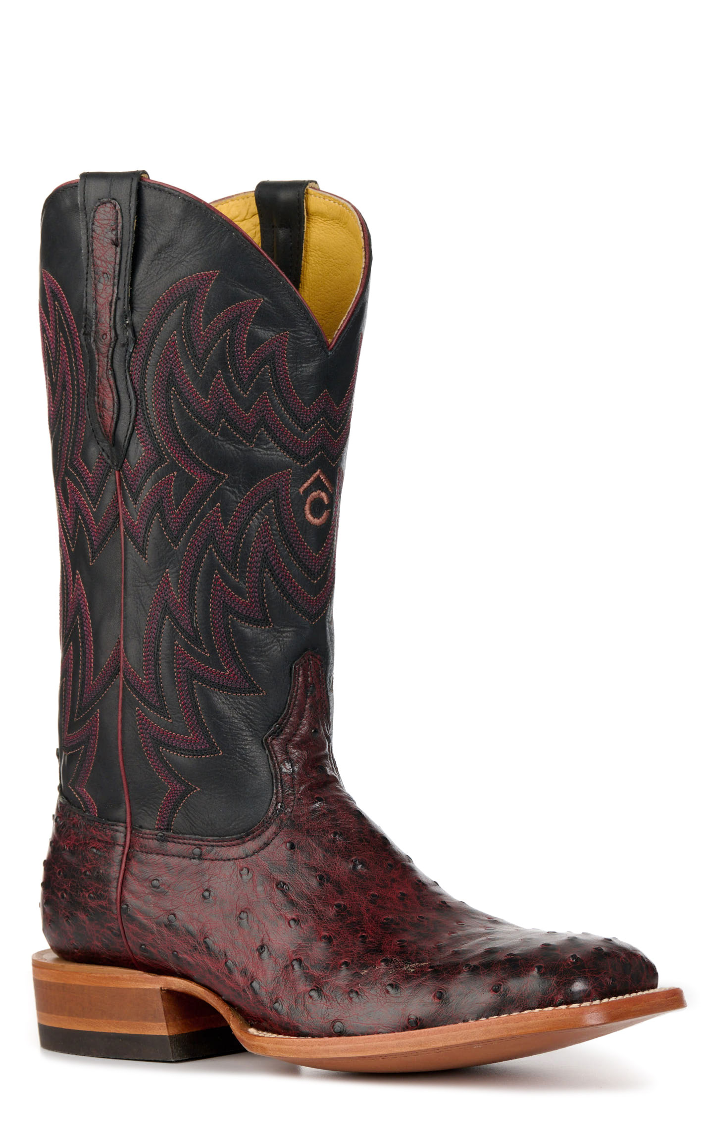 Cavender’s Men’s Black Cherry Full Quill Ostrich and Black Wide Square Toe Exotic Cowboy Boots - Image 1