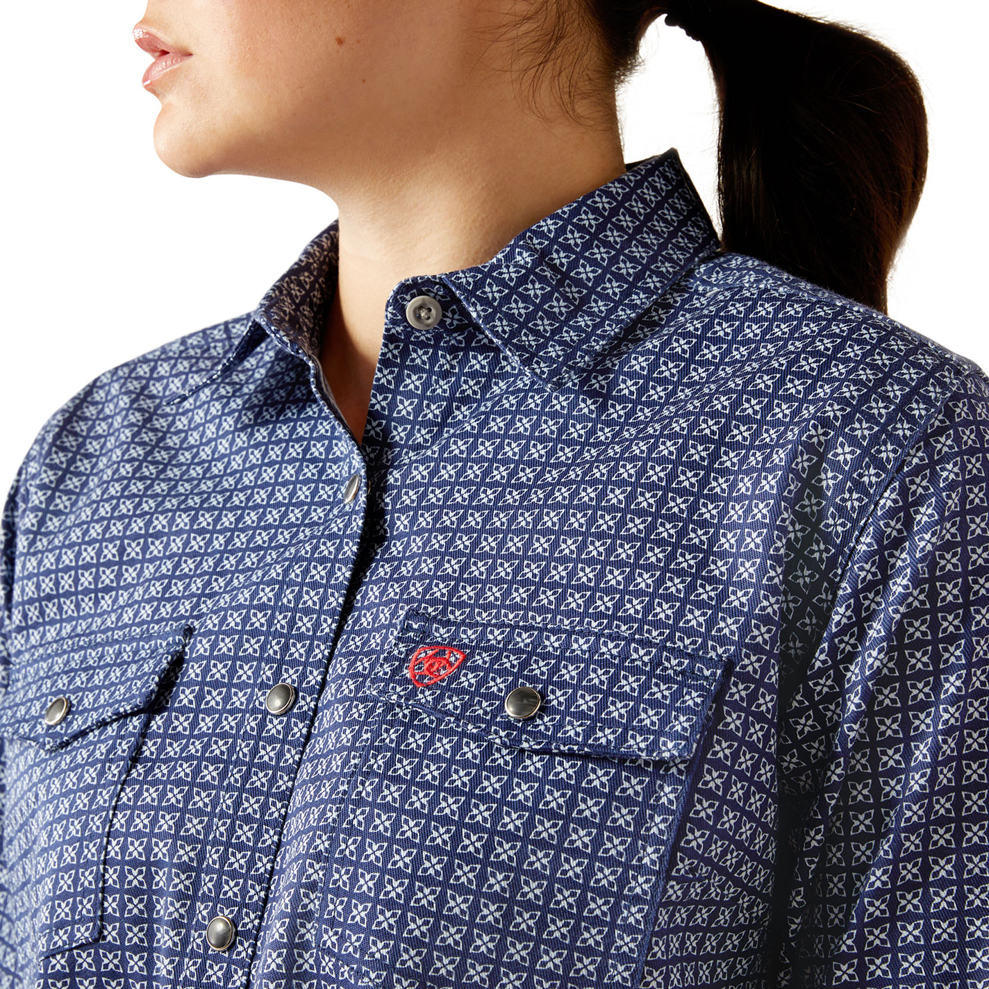 Ariat Women's Beverly Navy Geo FR Western Work Shirt - Image 1