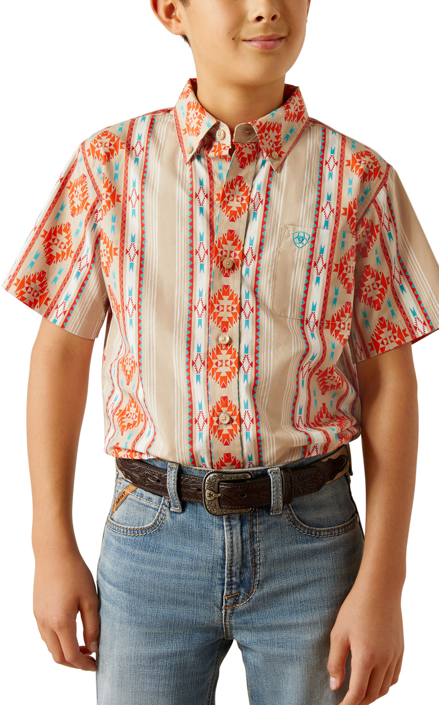 Ariat Boy's Wade Khaki & Red Aztec Print Western Shirt - Image 1