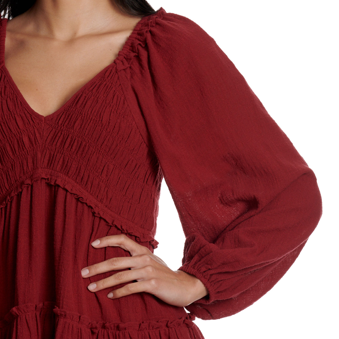 Yura Women's Burgundy Smock Top Tiered Ruffle Dress - Image 1