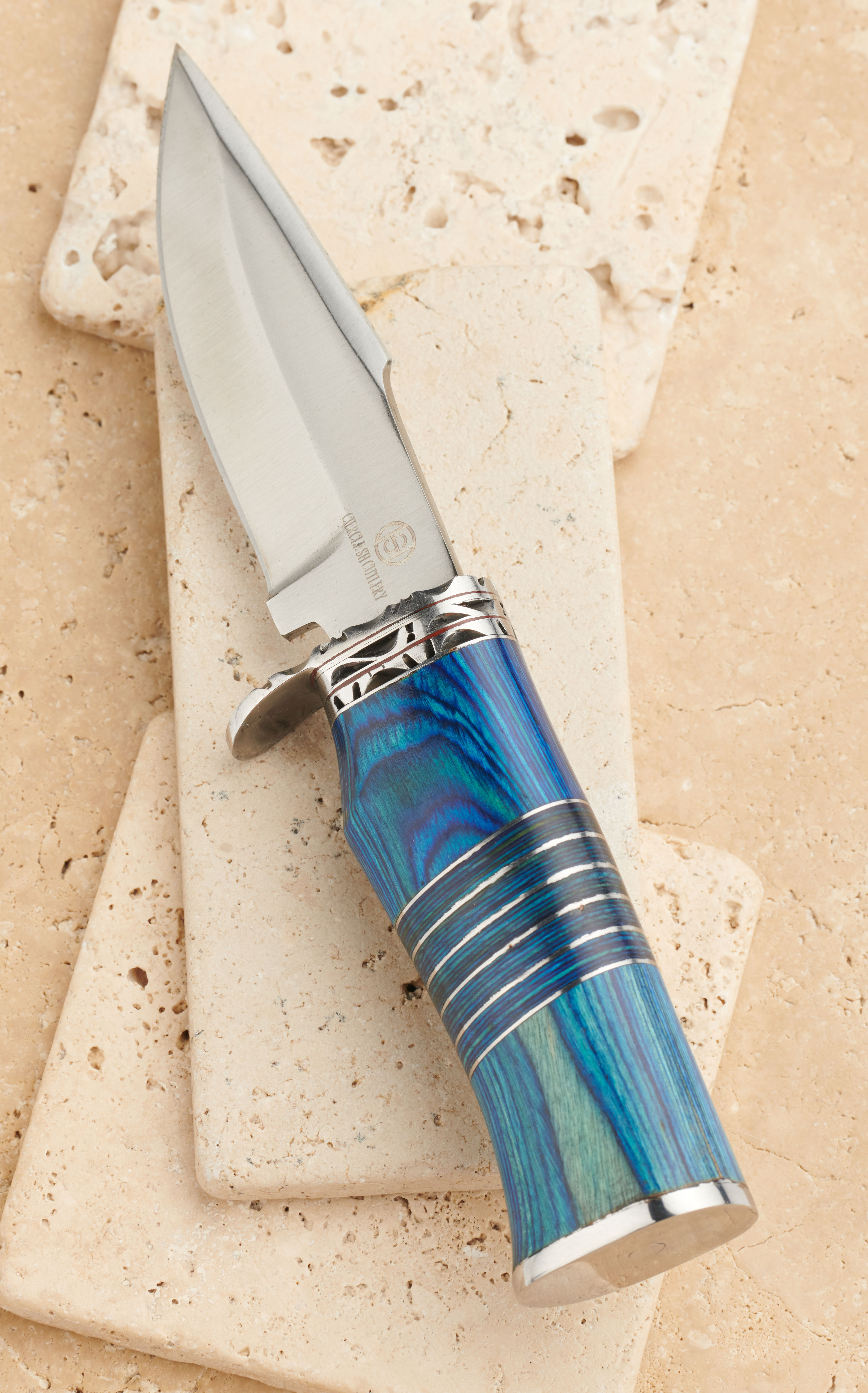 Circle SH Cutlery Stainless Steel Blade with Blue Wooden Handle Straight Knife and Sheath - Image 3