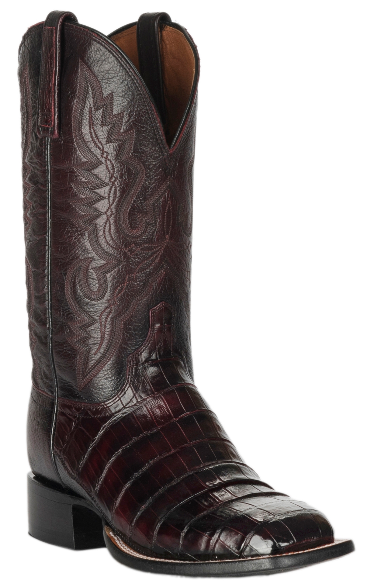Lucchese Men's 1883 Black Cherry Caiman Tail and Smooth Ostrich Square Toe Exotic Western Boots - Image 1