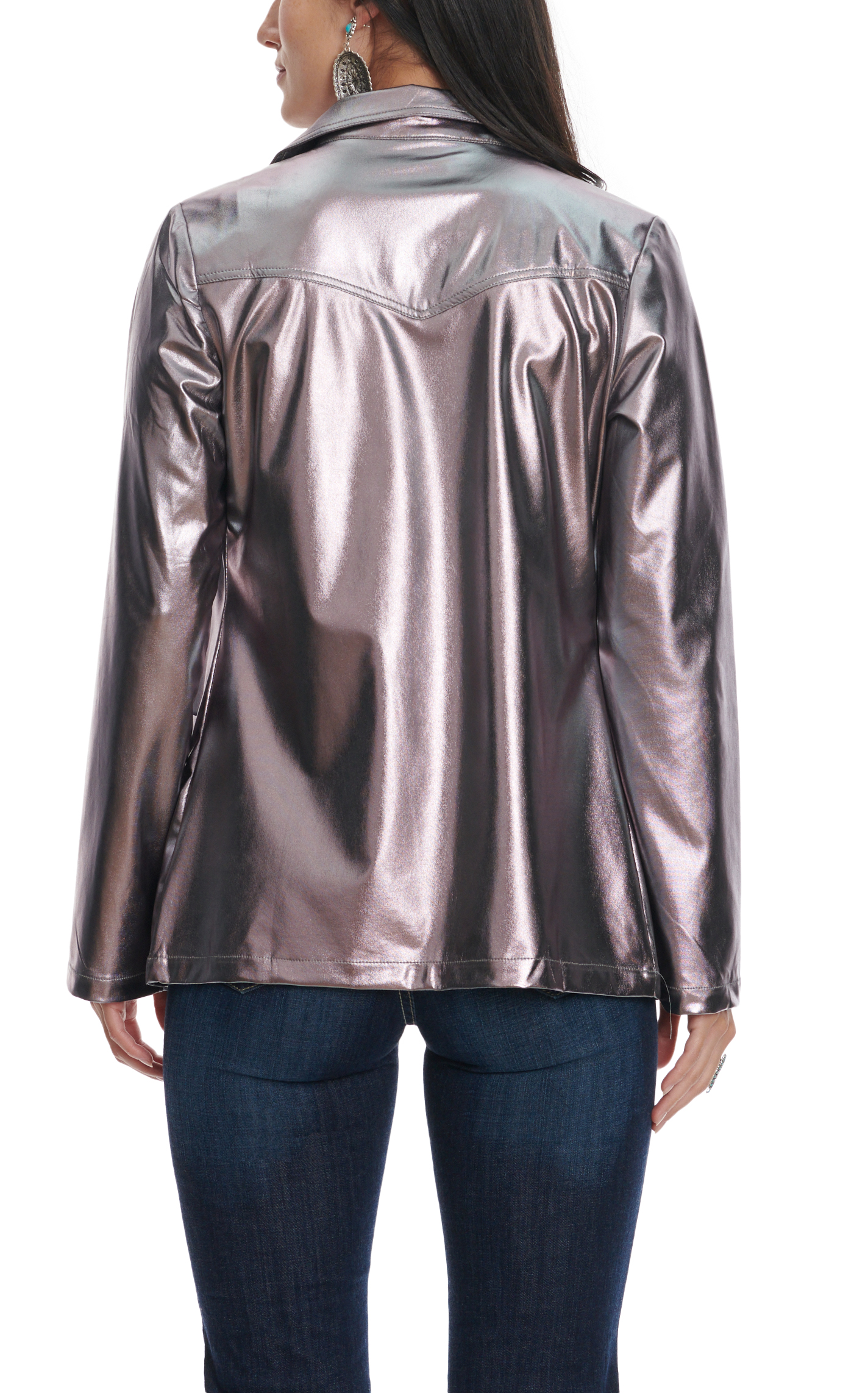 Fashion Express Women's Metallic Shimmer Notched Collar Blazer Jacket - Image 1