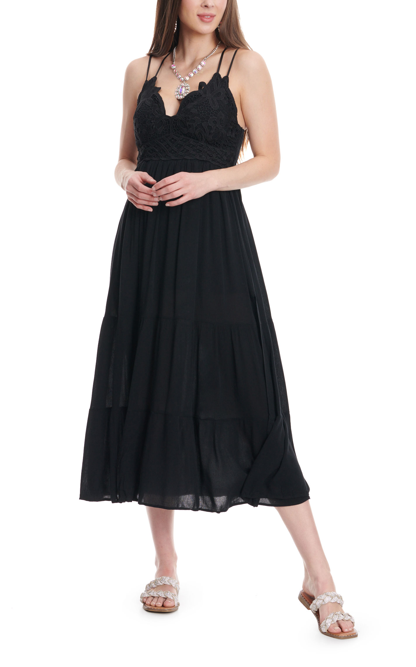 Blue B Women's Black Lace V-Neck Sleeveless Long Lined Dress - Image 1