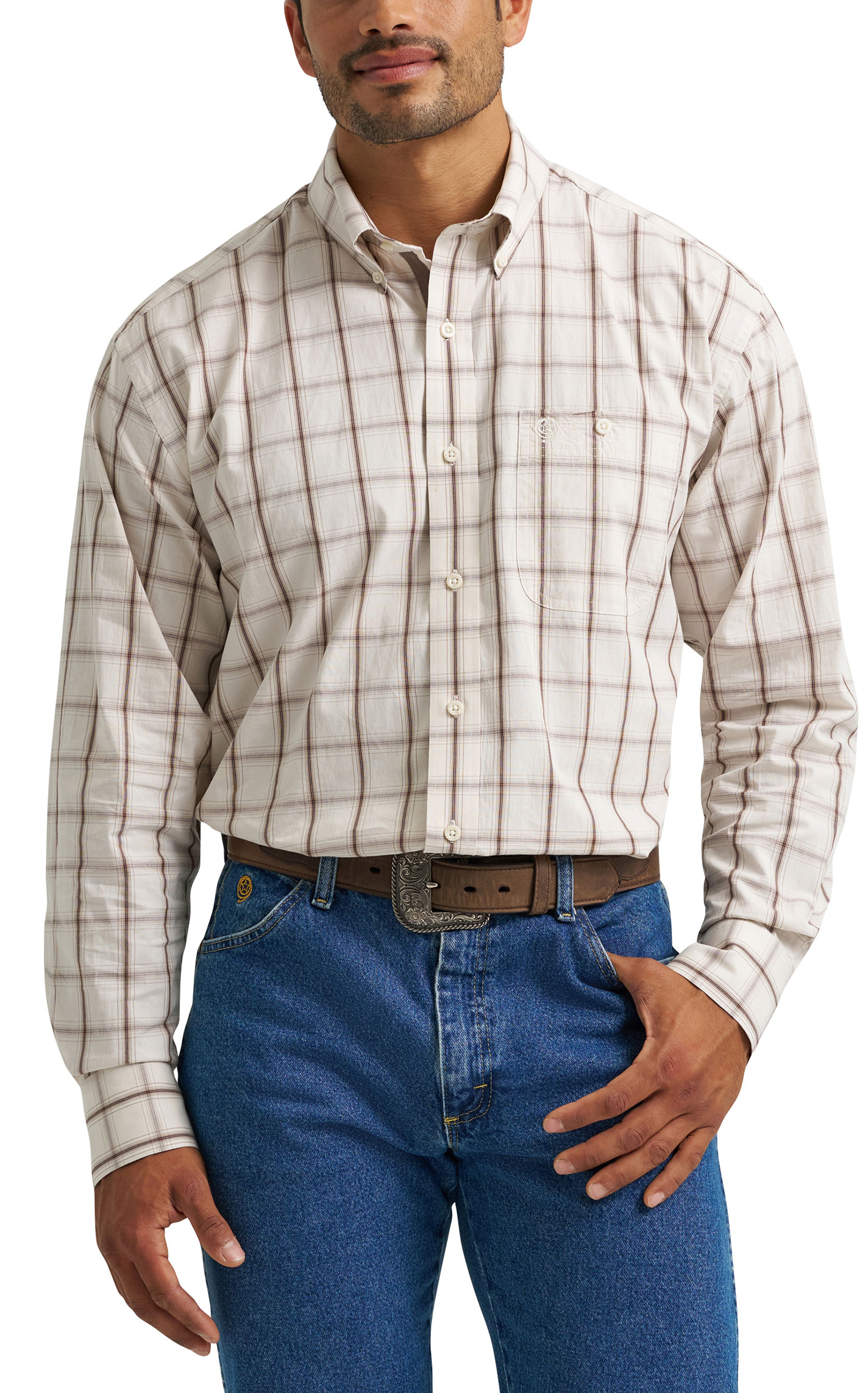 Wrangler George Strait Men's White & Brown Plaid Print Western Shirt  - Image 1