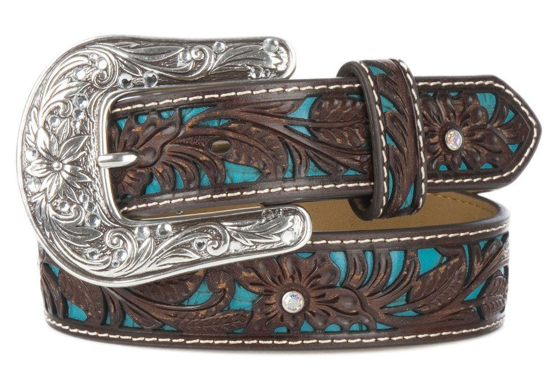 Children's Ariat Brown & Turquoise with Floral Overlay Western Belt - Image 1