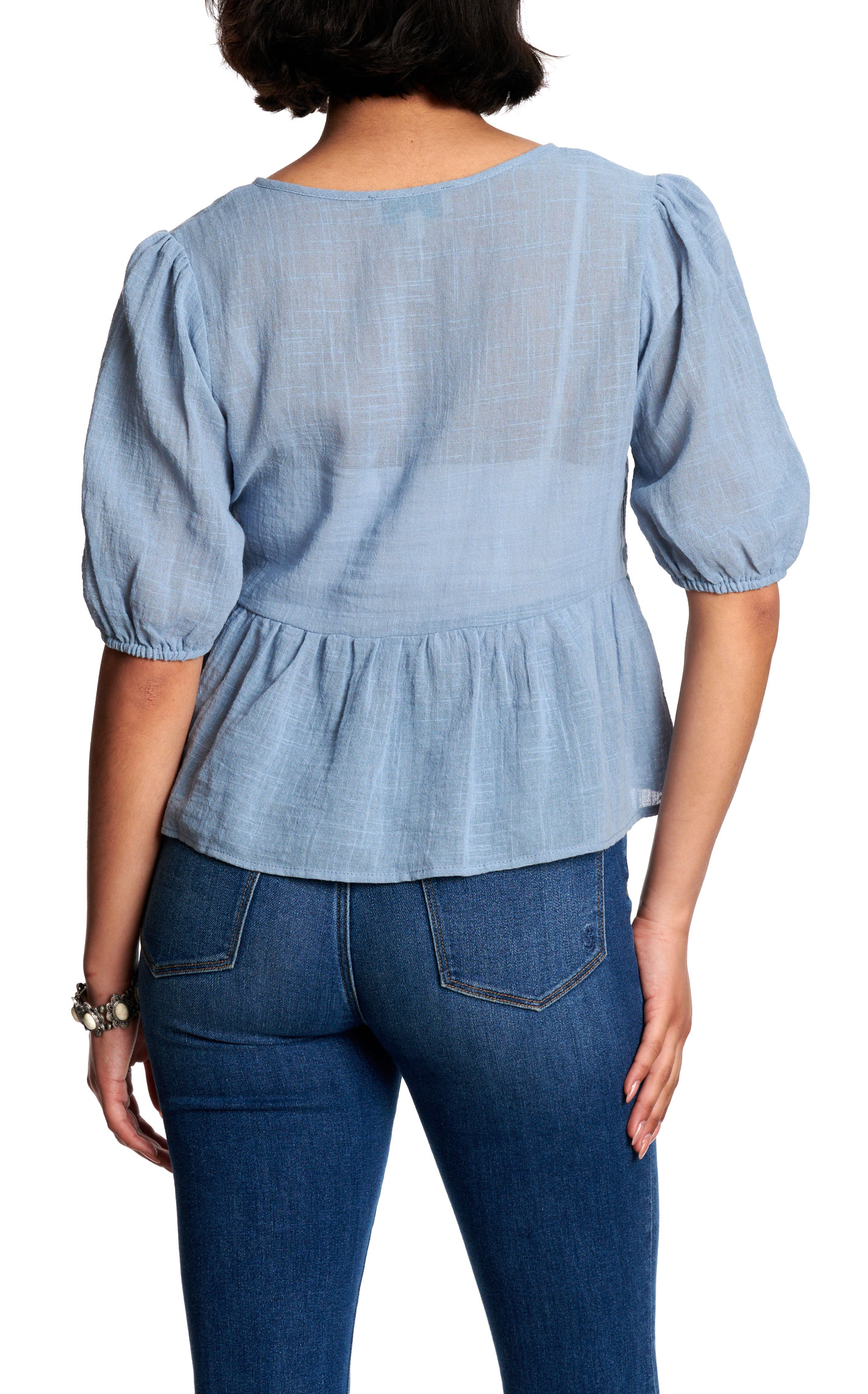 Rockin C Women’s Pale Blue Tie-Front Peplum Blouse - Image 1
