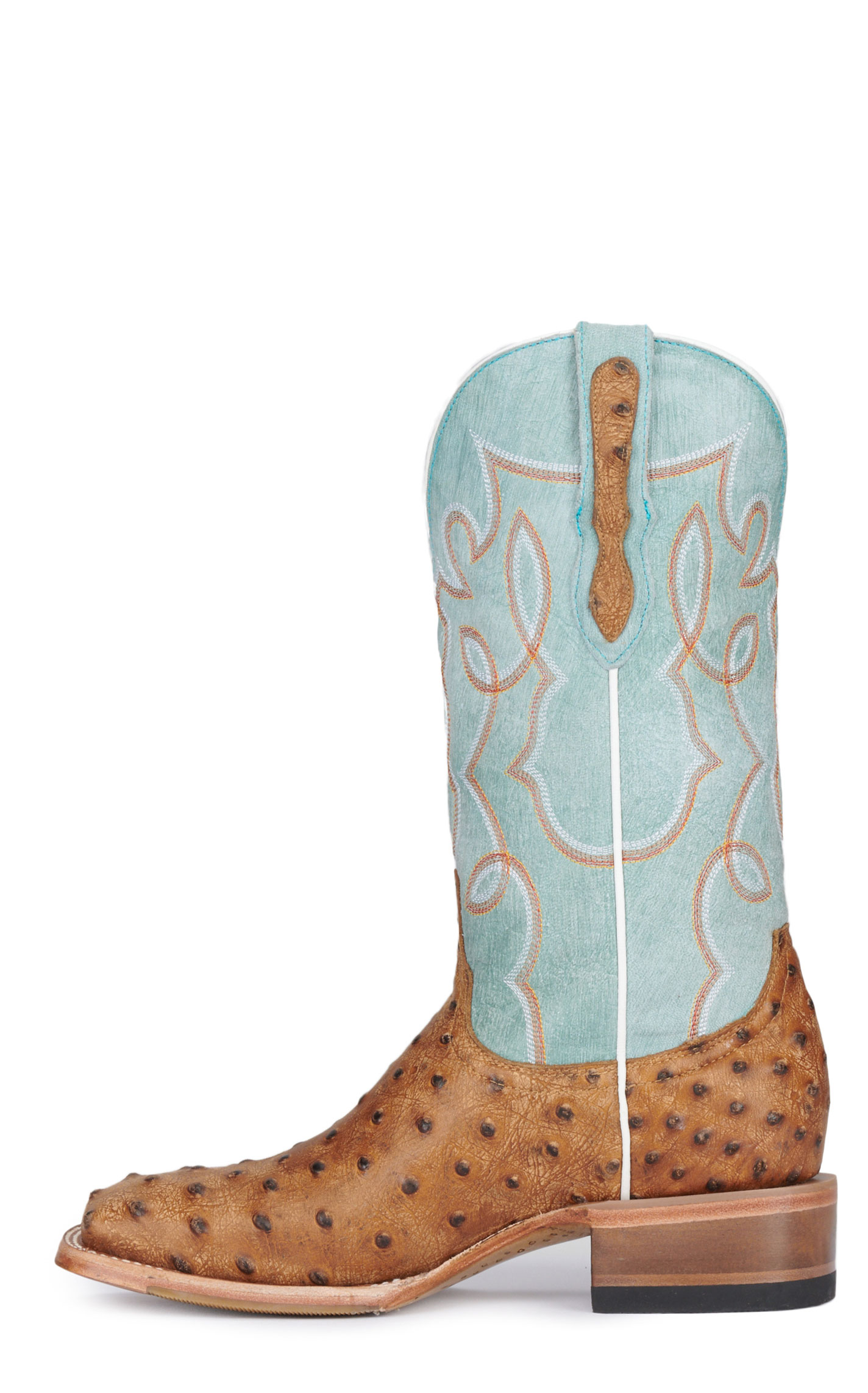 Cavender's Women's Sky Blue and Tan Ostrich Print Wide Square Toe Cowboy Boots - Image 1