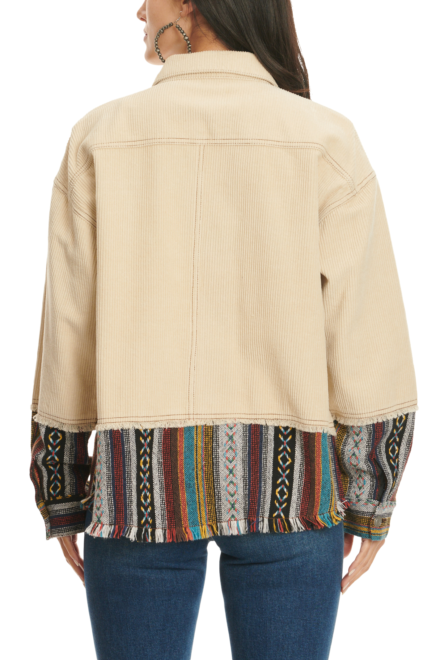 MAZIK Women's Cream Corduroy & Aztec Blanket Accent Long Sleeve Shacket - Image 1