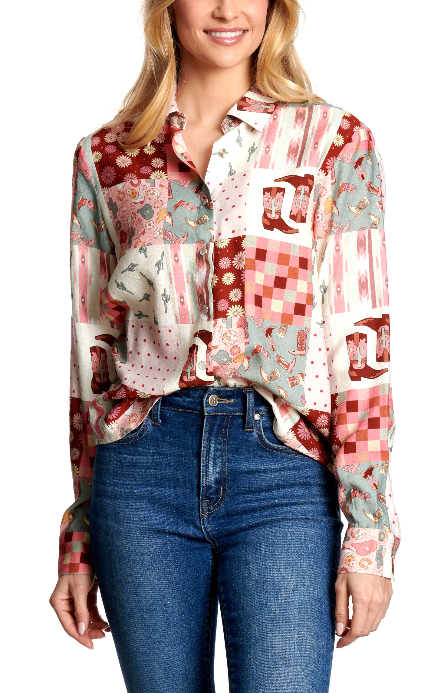 Rockin C Women's Cream And Rose Patchwork Print Shirt - Image 1