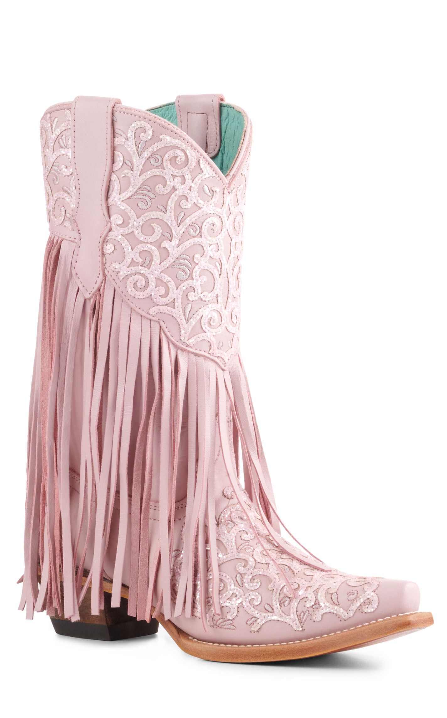Corral Girls' Pink with Glitter Overlay and Fringe Snip Toe Cowboy Boots - Image 1