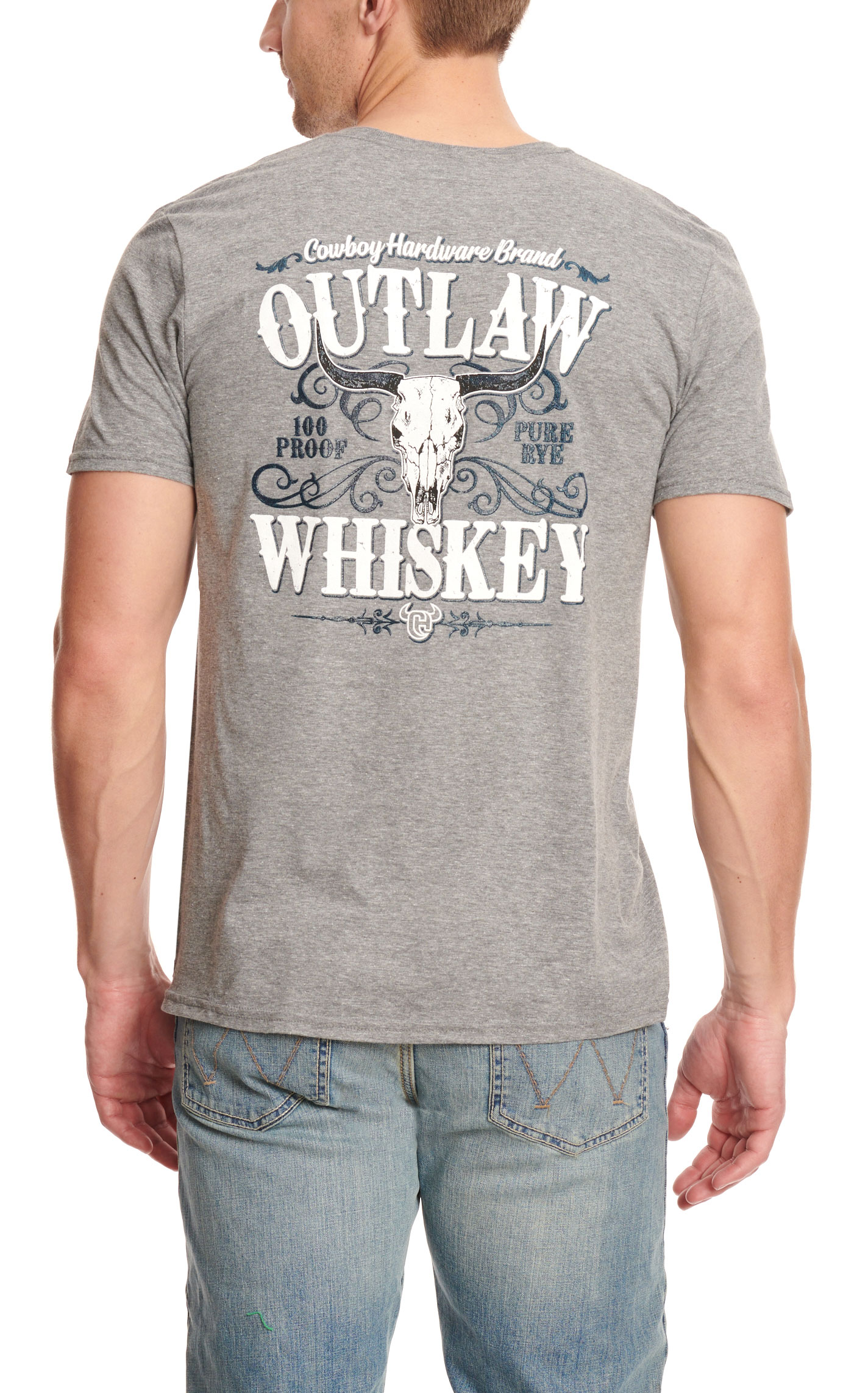 Cowboy Hardware Men's Gray Outlaw Whiskey Skull Logo Graphic Short Sleeve T-Shirt - Image 1