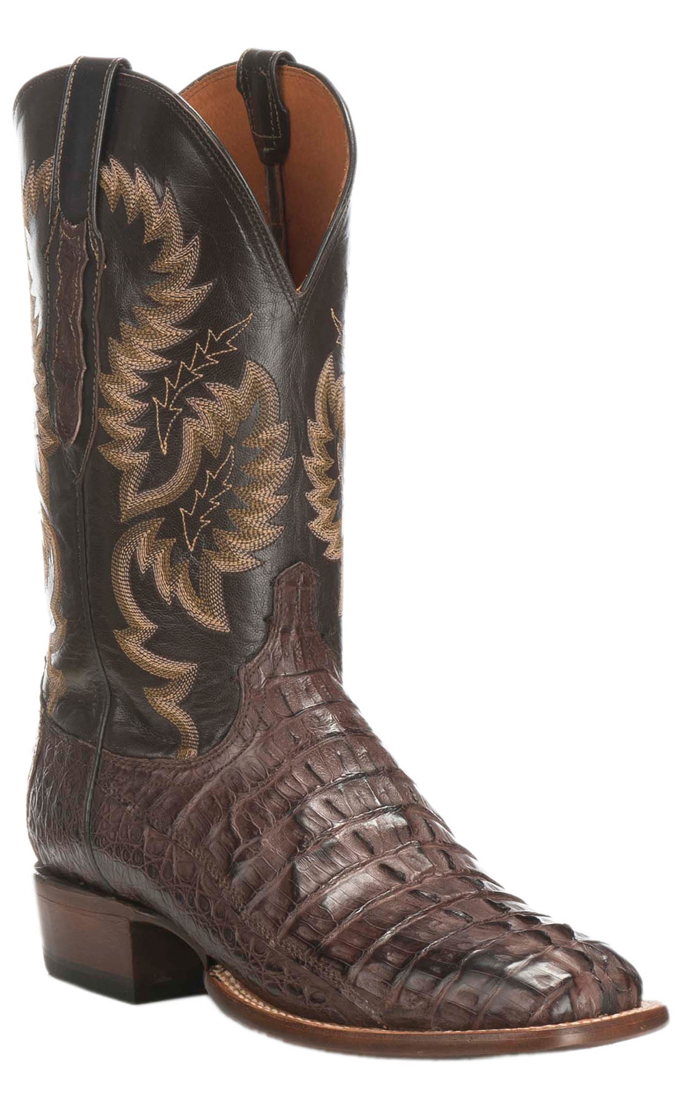 Lucchese Men's Barrel Brown and Chocolate Caiman Tail Wide Square Toe Exotic Cowboy Boots - Image 1