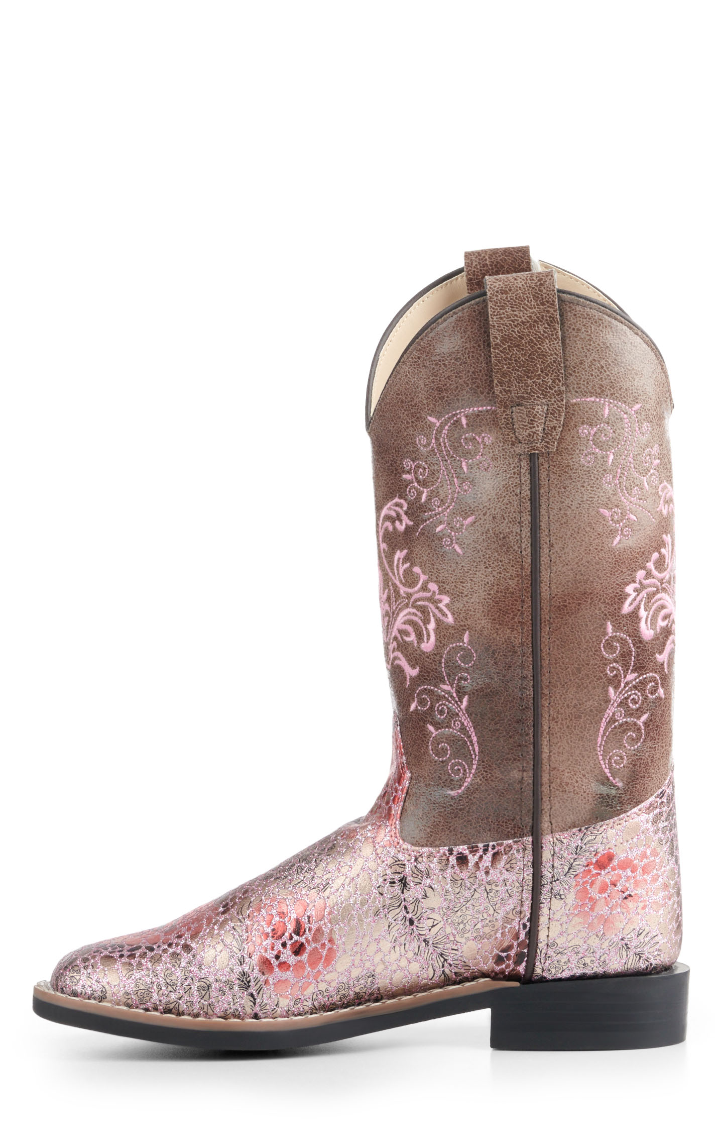 Old West Youth Brown and Crackle Antique Pink Square Toe Cowboy Boots - Image 1
