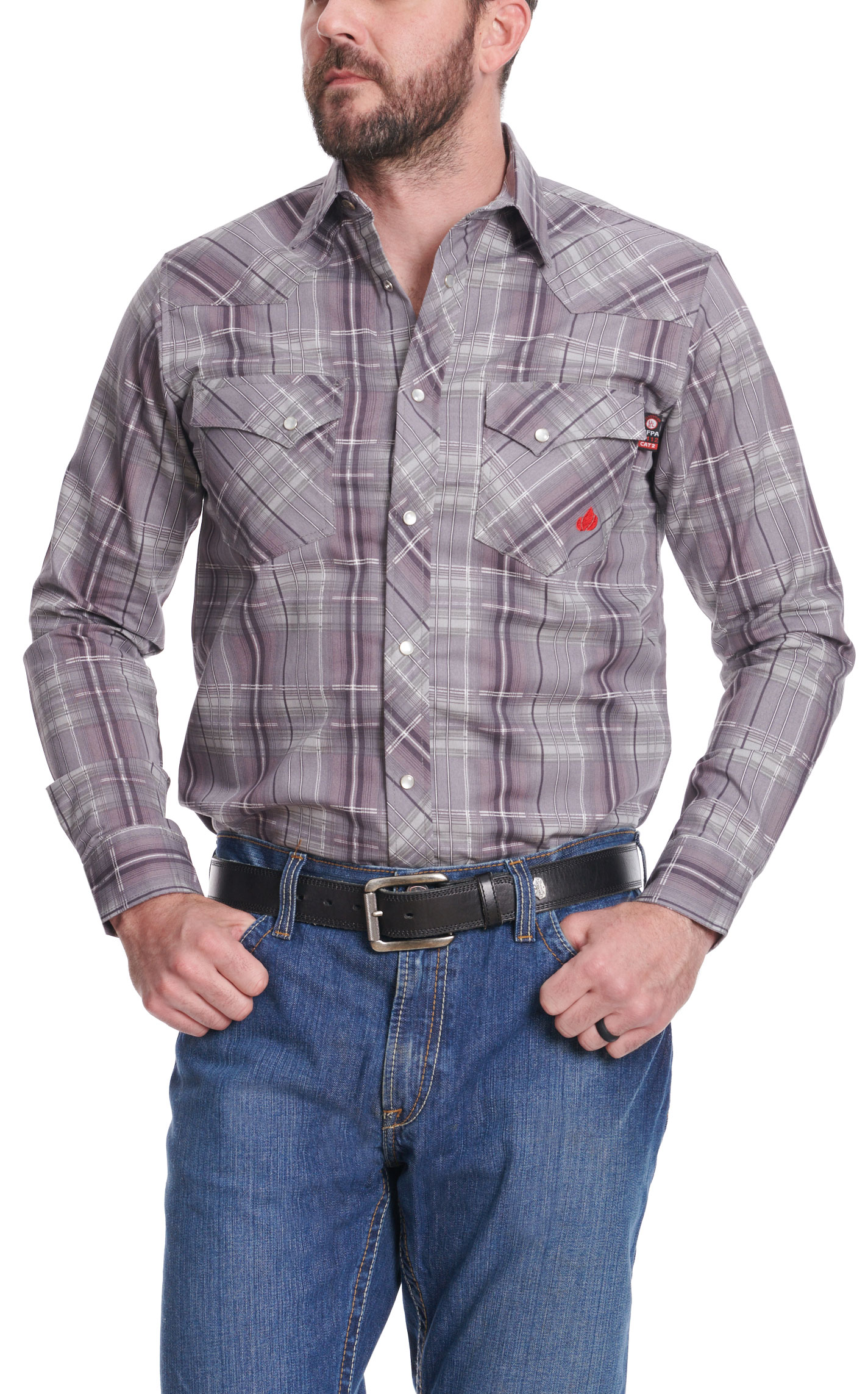 Forge Men's Stone Gray & White Plaid FR Work Shirt - Image 1