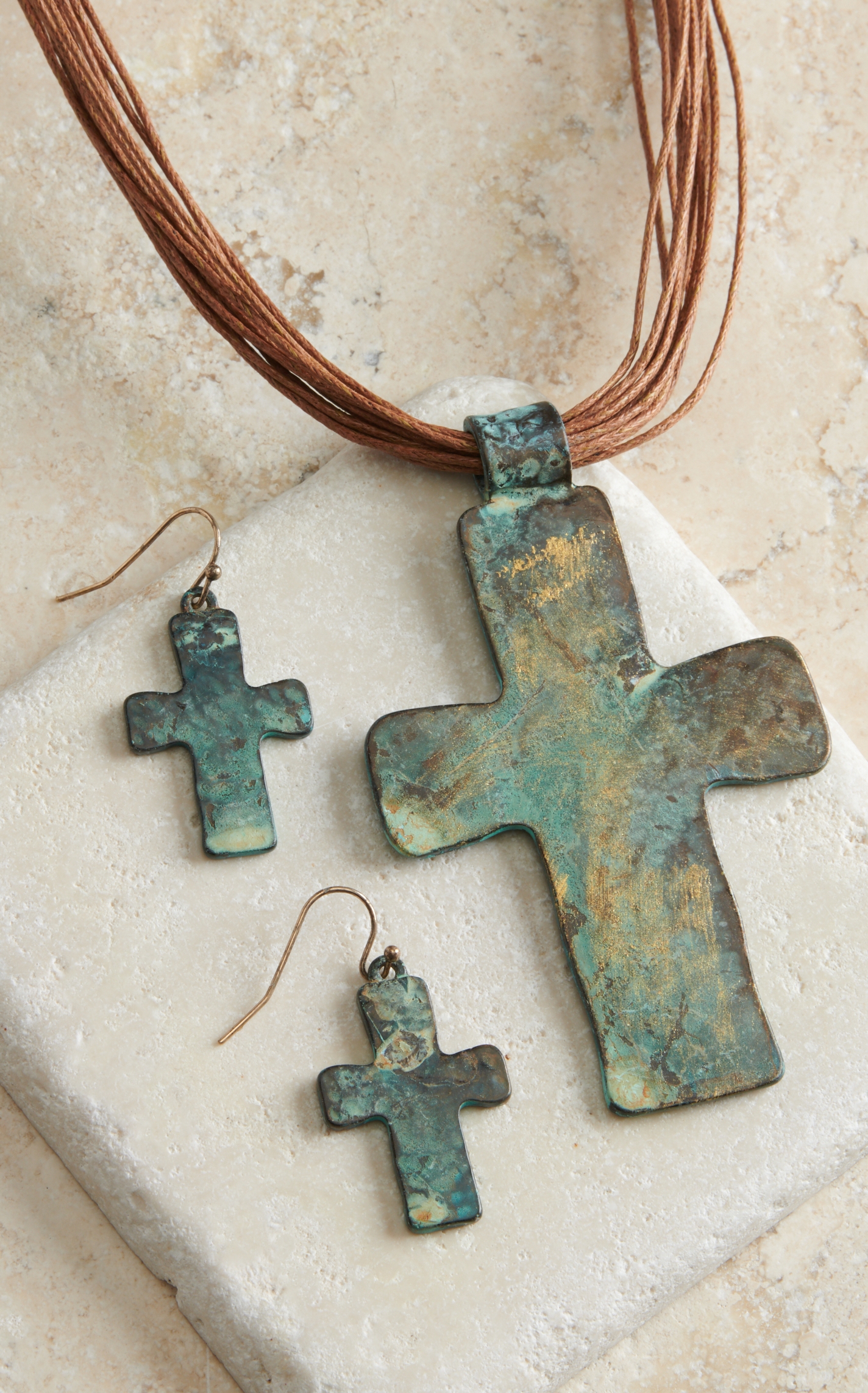 Blazin Roxx Brown Strands and Patina Cross Jewelry Set - Image 1
