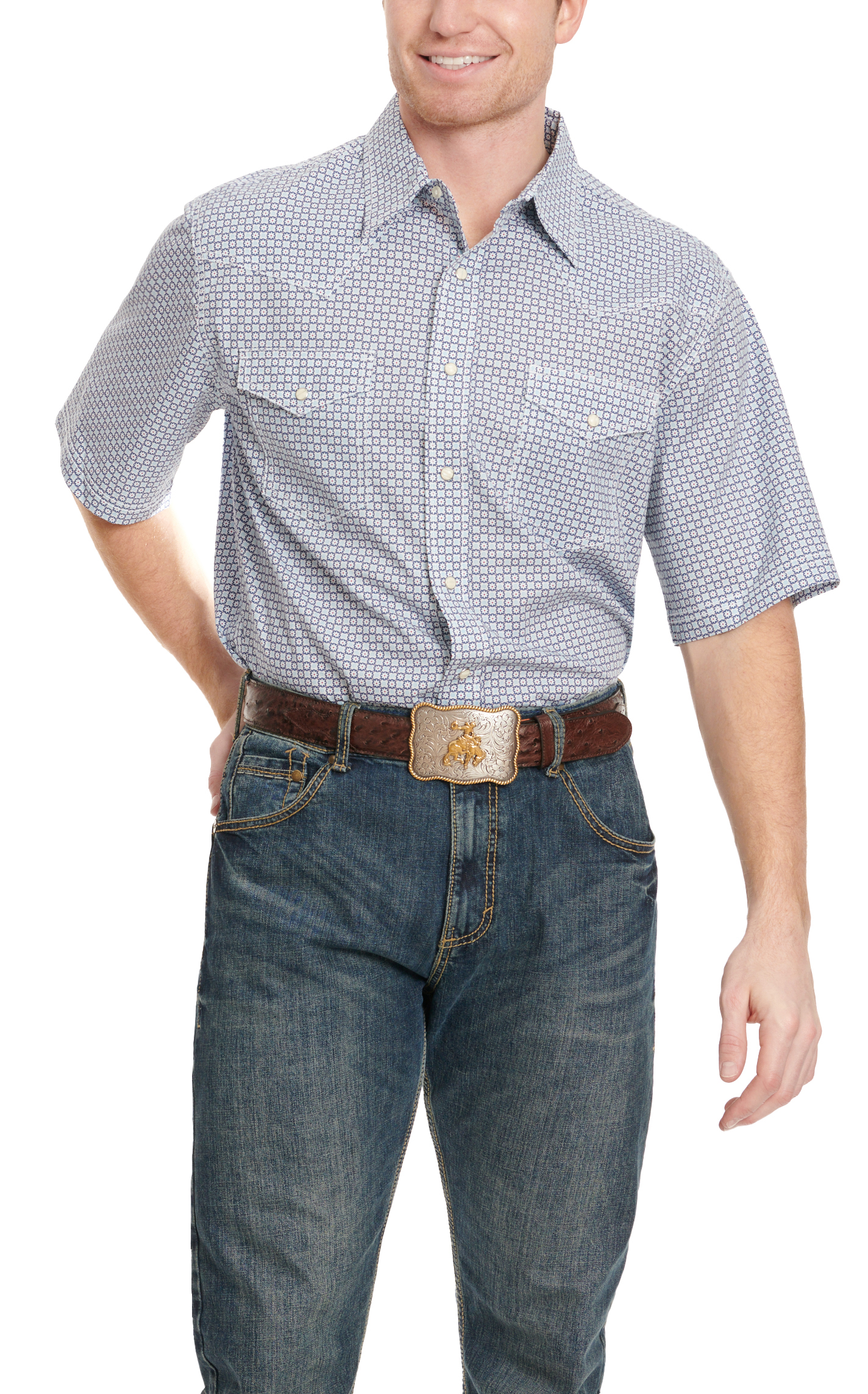 Wrangler 20X Men's Aegean Blue & Cornflower Geo Short Sleeve Western Shirt - Image 1