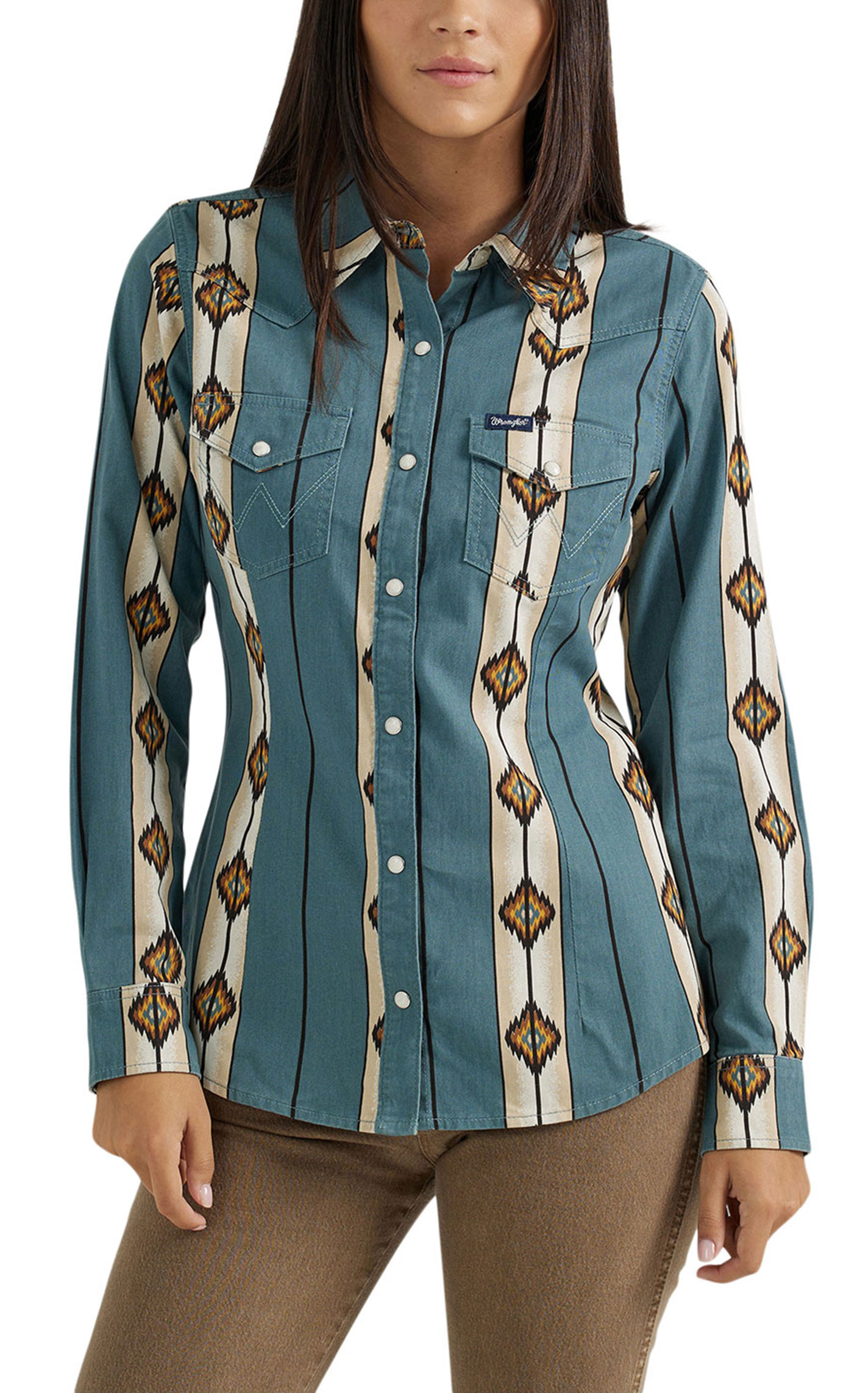 Wrangler Retro Women's Stone Blue & Cream Aztec Western Shirt - Image 1