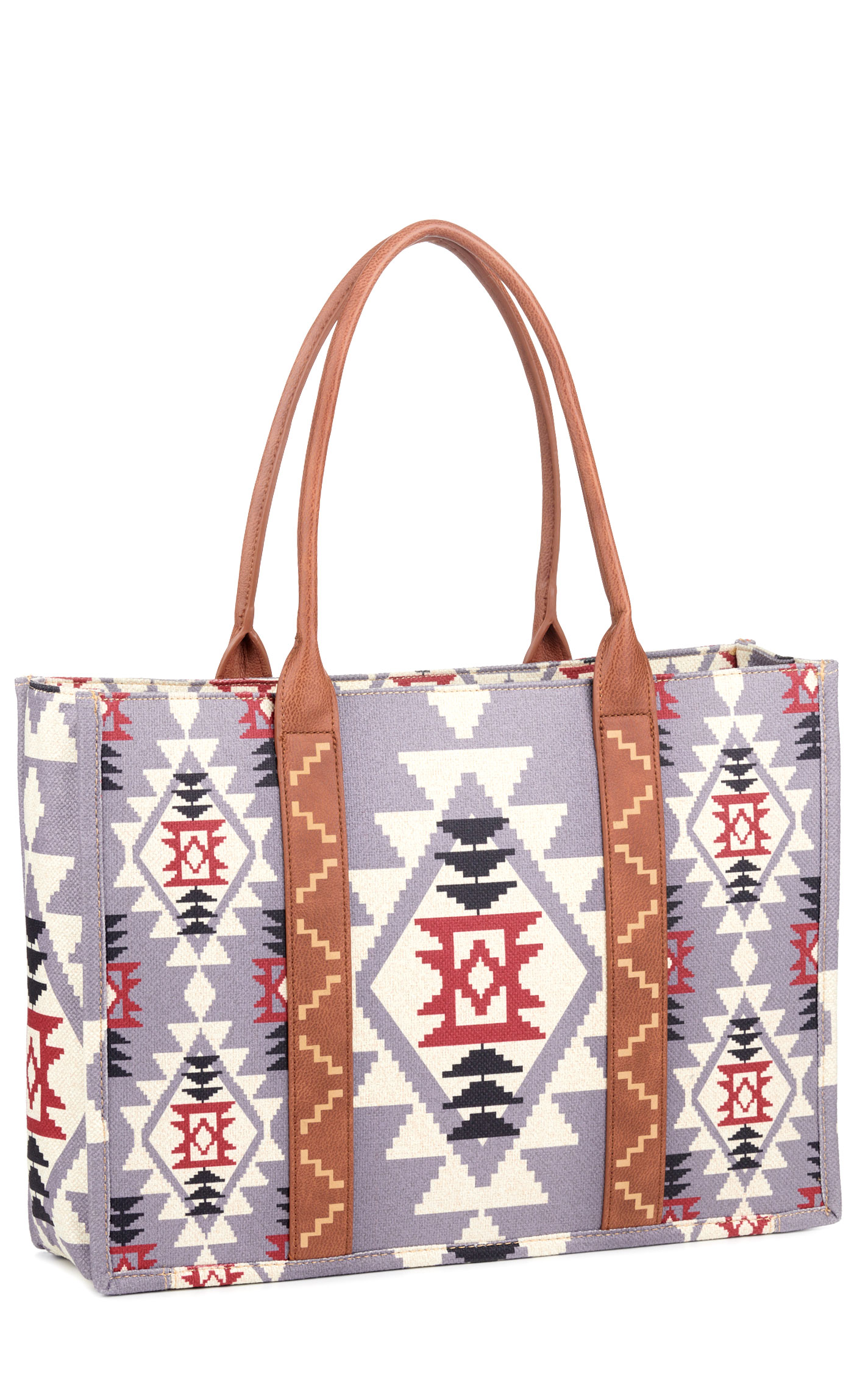 Wrangler Women's Rosy Stone Gray & Rich Red Aztec Print Leather Trimmed Tote - Image 1
