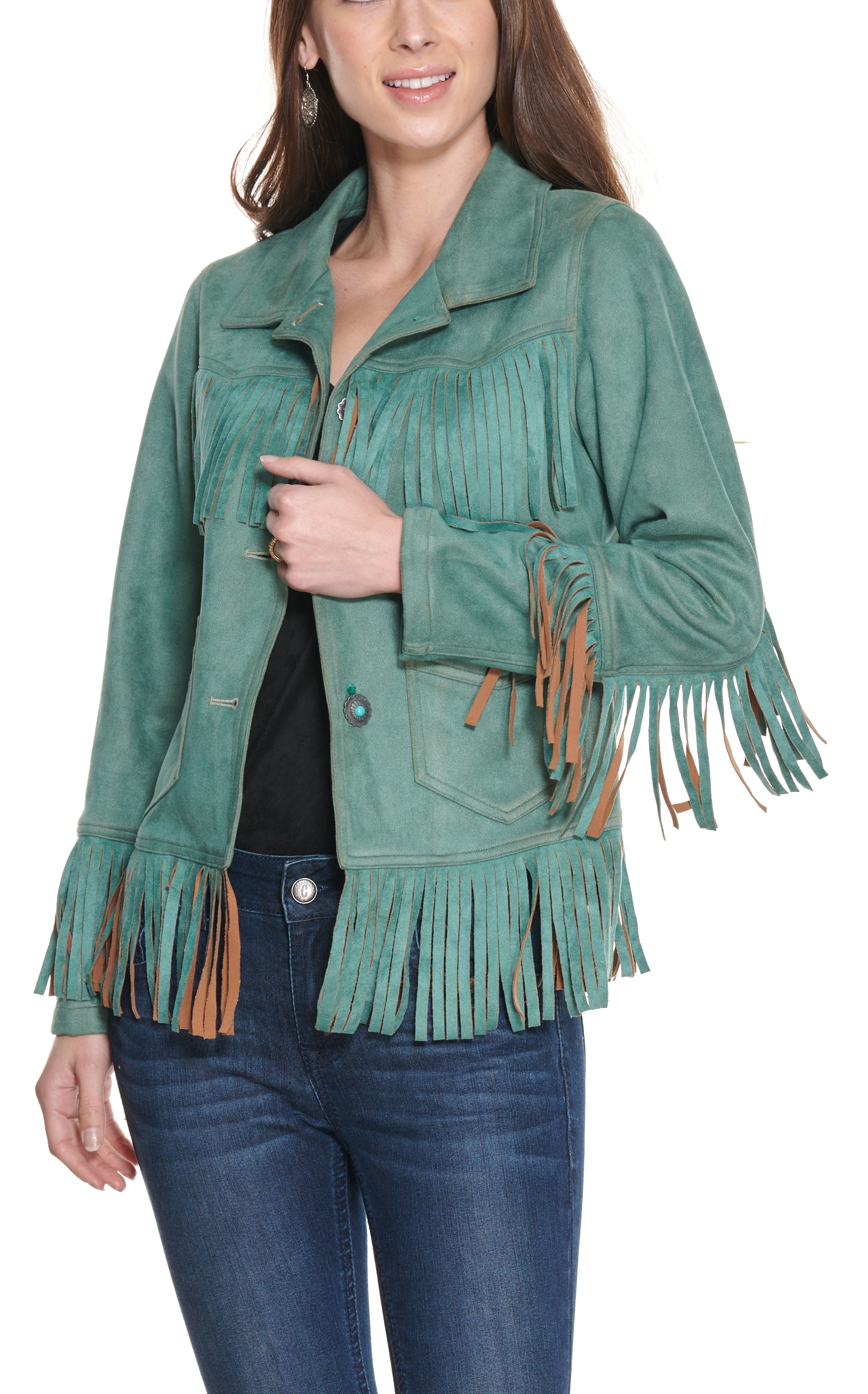 Fashion Express Women's Turquoise with Fringe Jacket - Image 1