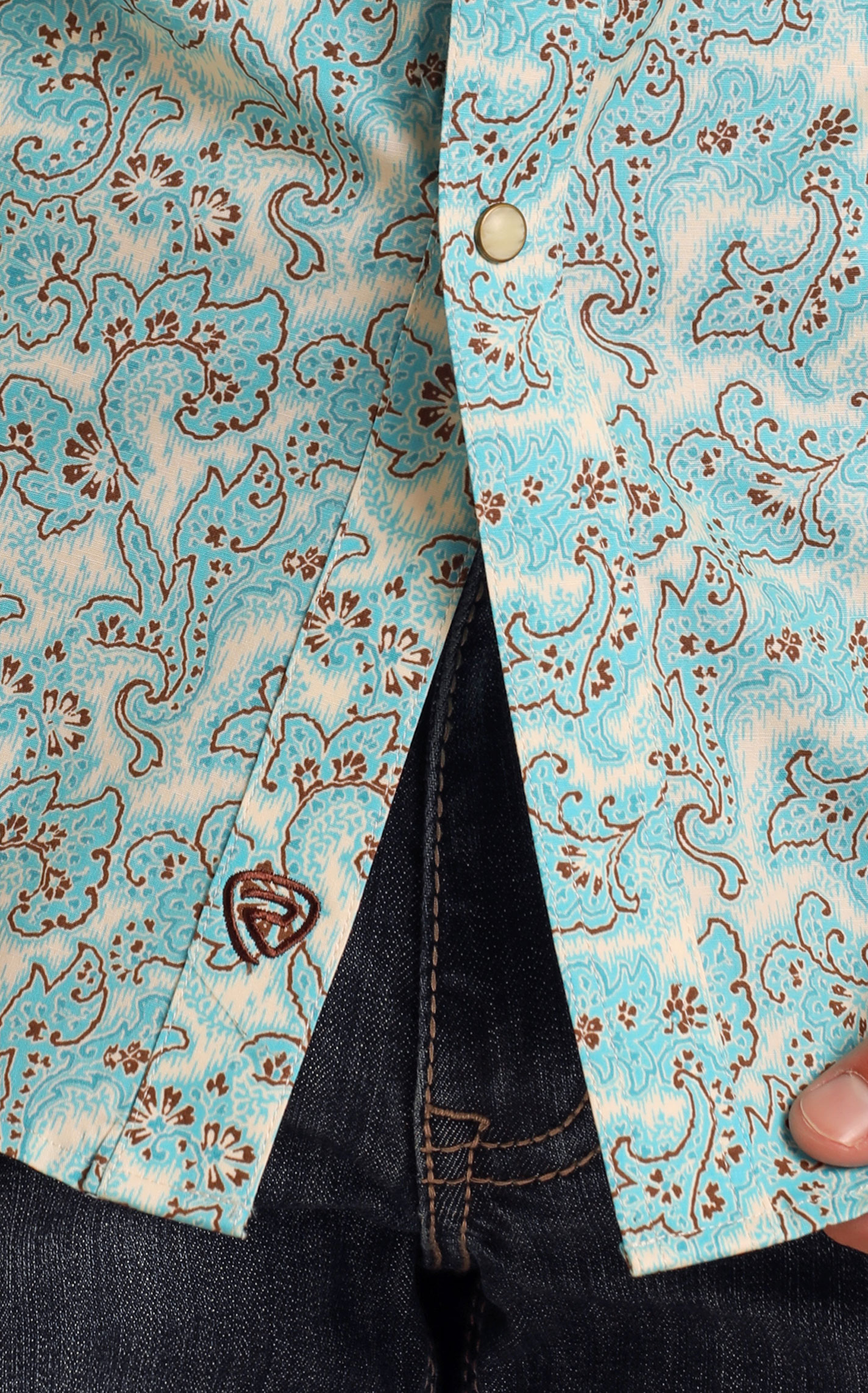 Rock & Roll Denim Men's Latte Turquoise Paisley Western Shirt - Image 1