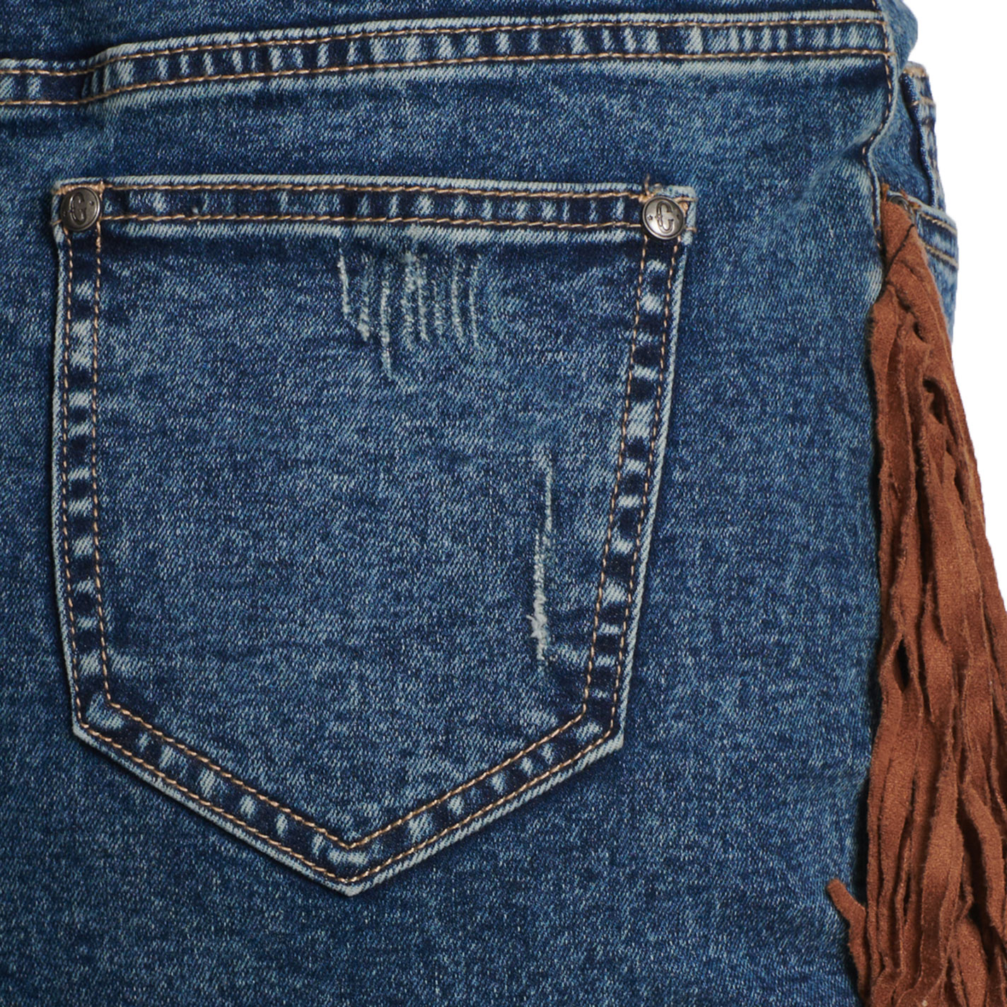Rockin’ C Women’s Medium Acid Wash Brown Side Fringe Denim Skirt - Image 1