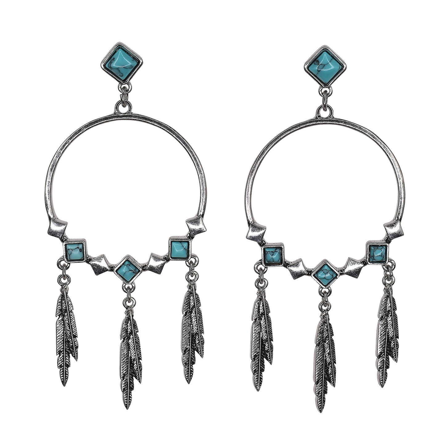 Justin Silver Turquoise Diamonds & Feathers Hoop Earrings - Image 1