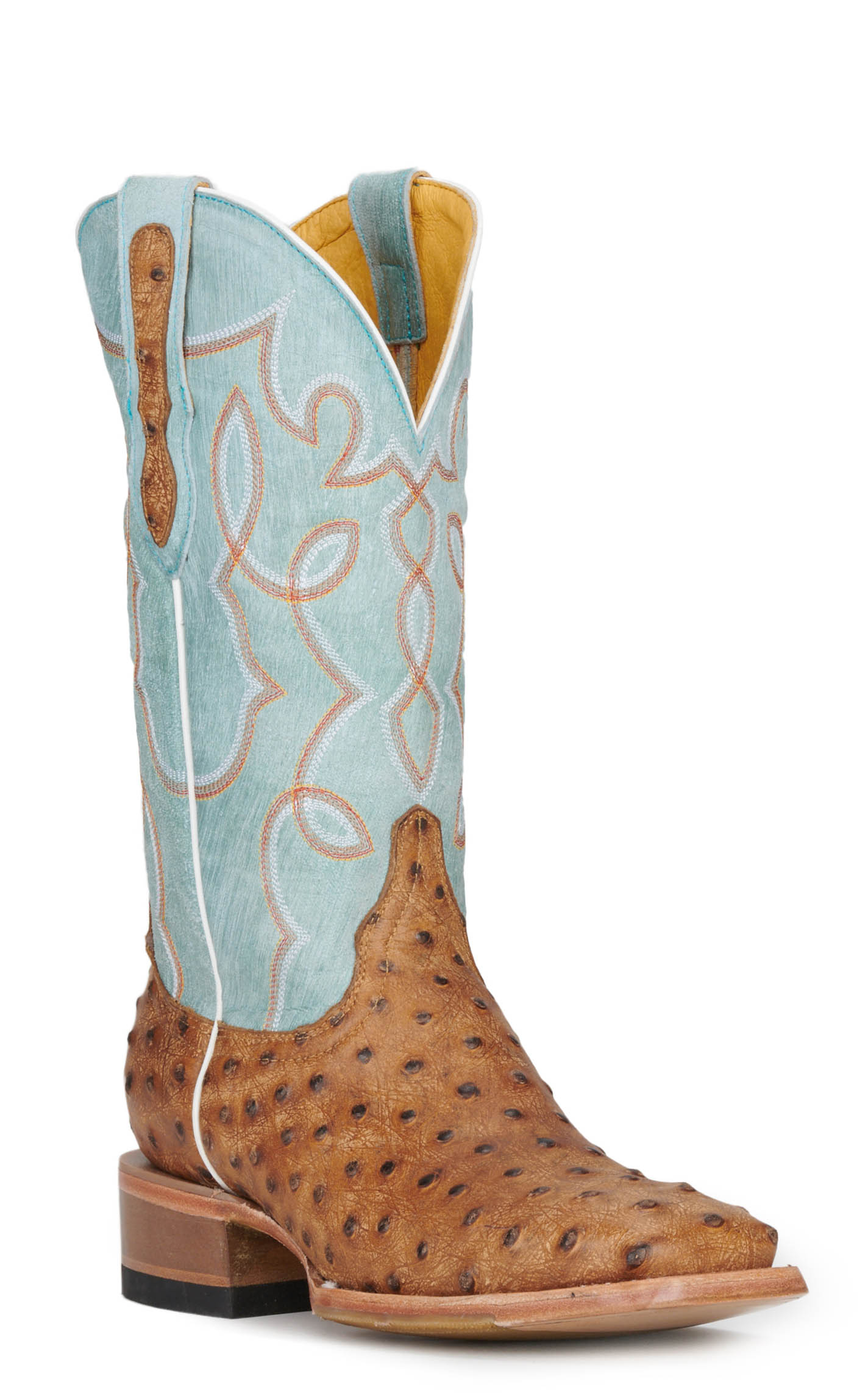 Cavender's Women's Sky Blue and Tan Ostrich Print Wide Square Toe Cowboy Boots - Image 1