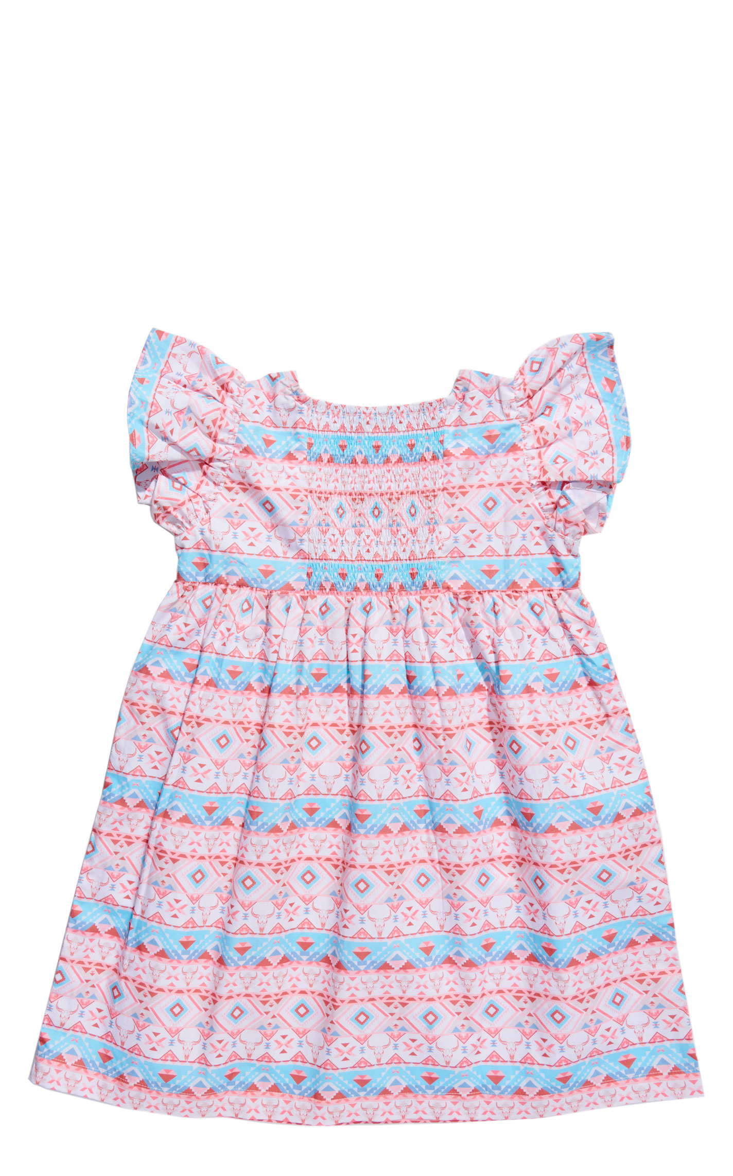 Rockin C Girl's Aztec Print Ruffled & Smocked Dress - Image 1