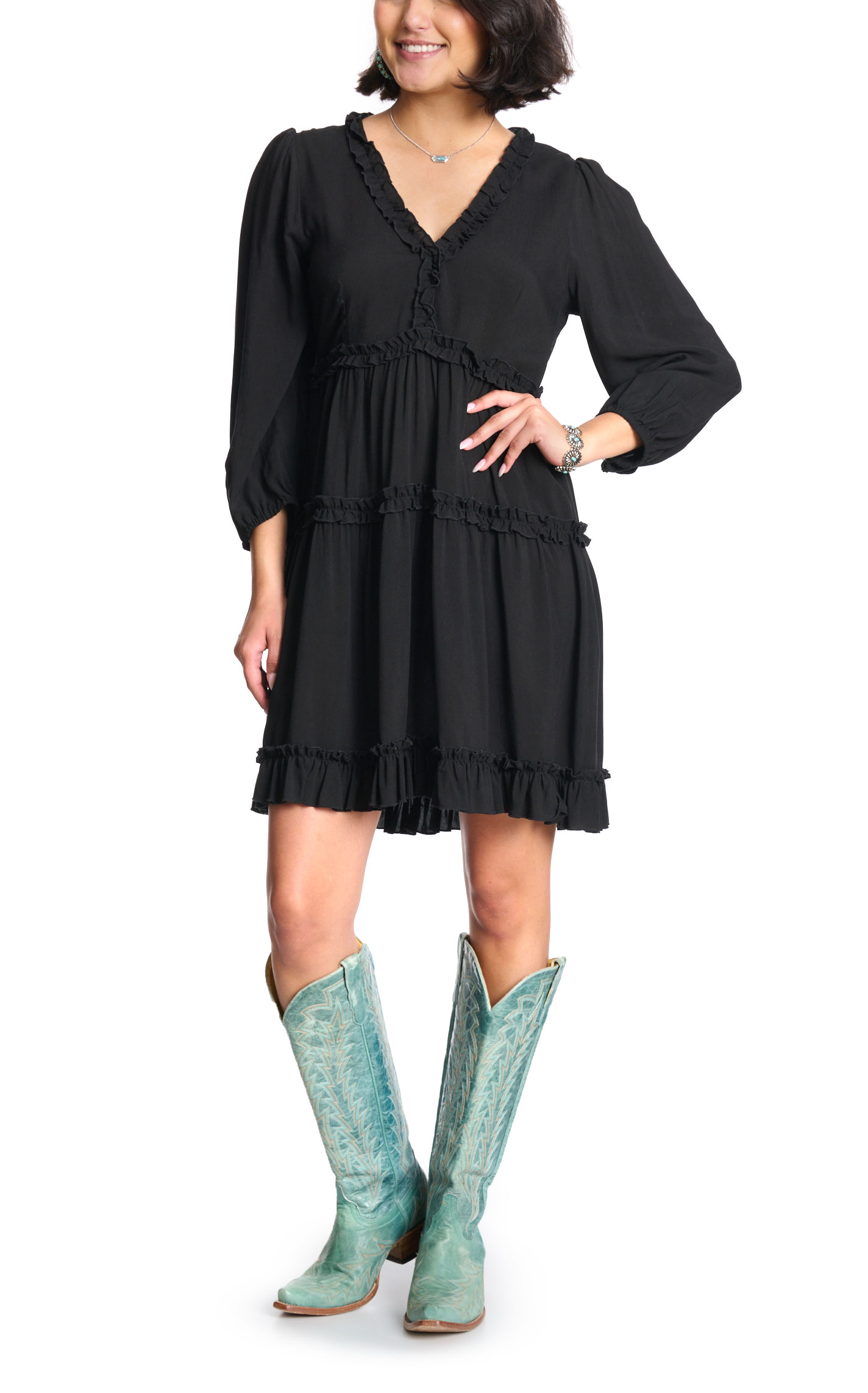 Rockin' C Women's Black Tiered with Ruffles Long Sleeve Dress - Image 1