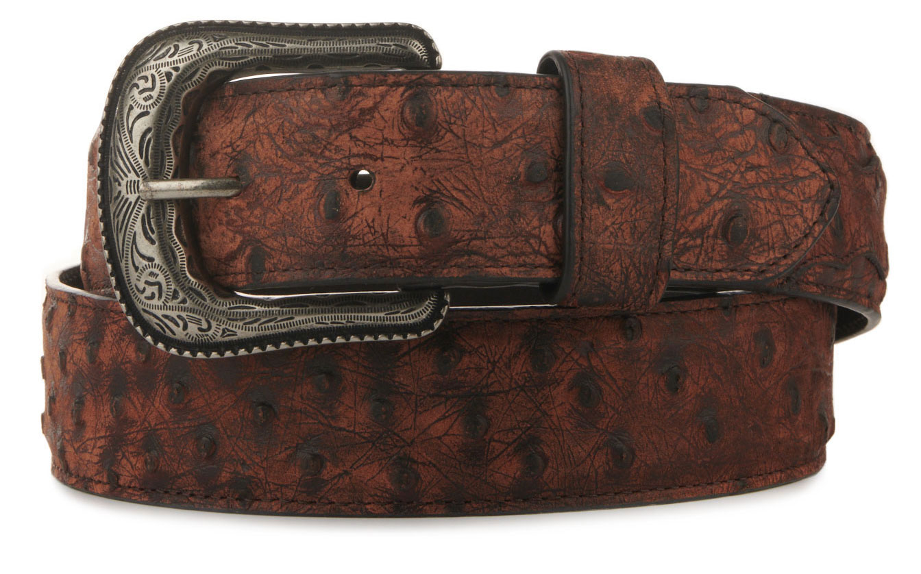 Cavender's Men's Rich Brown Ostrich Print Western Belt - Image 1