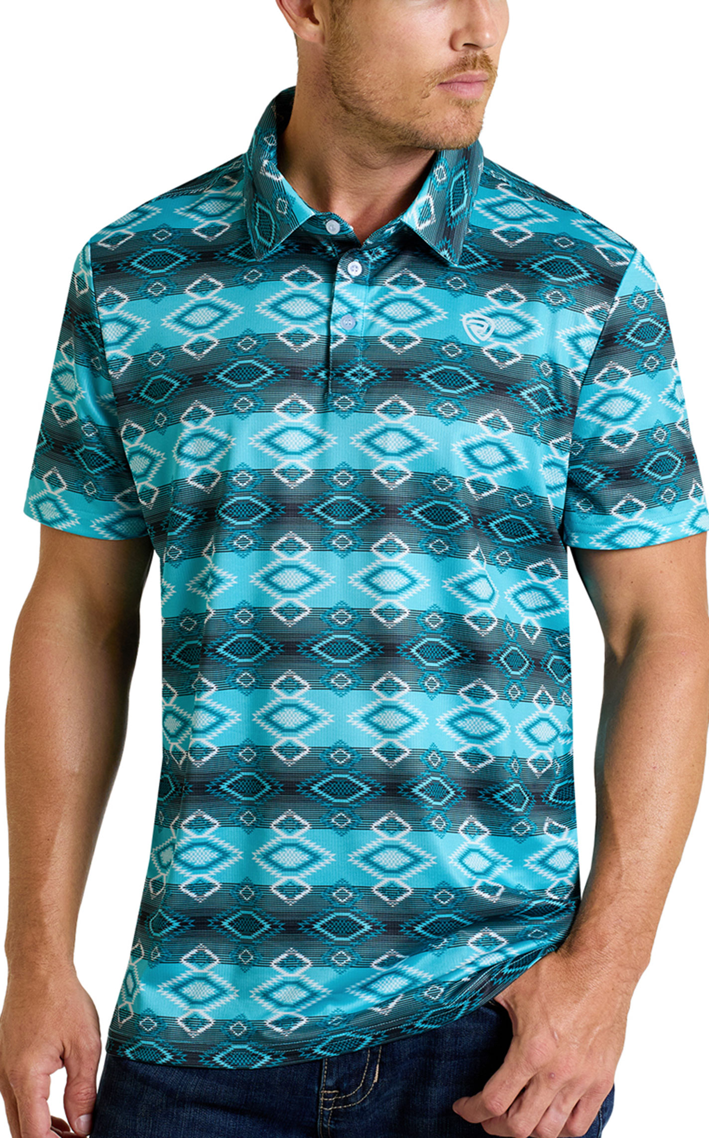 Rock & Roll Denim Men's Turquoise Aztec Print Polo Shirt - Image 1