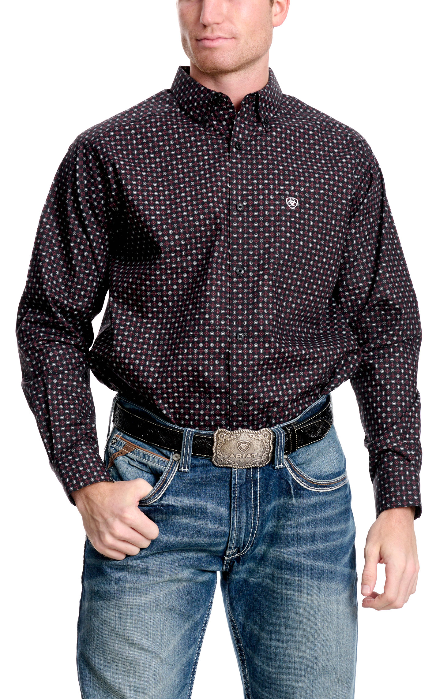 Ariat Men's Malden Black & Burgundy Geo Print Western Shirt  - Image 1
