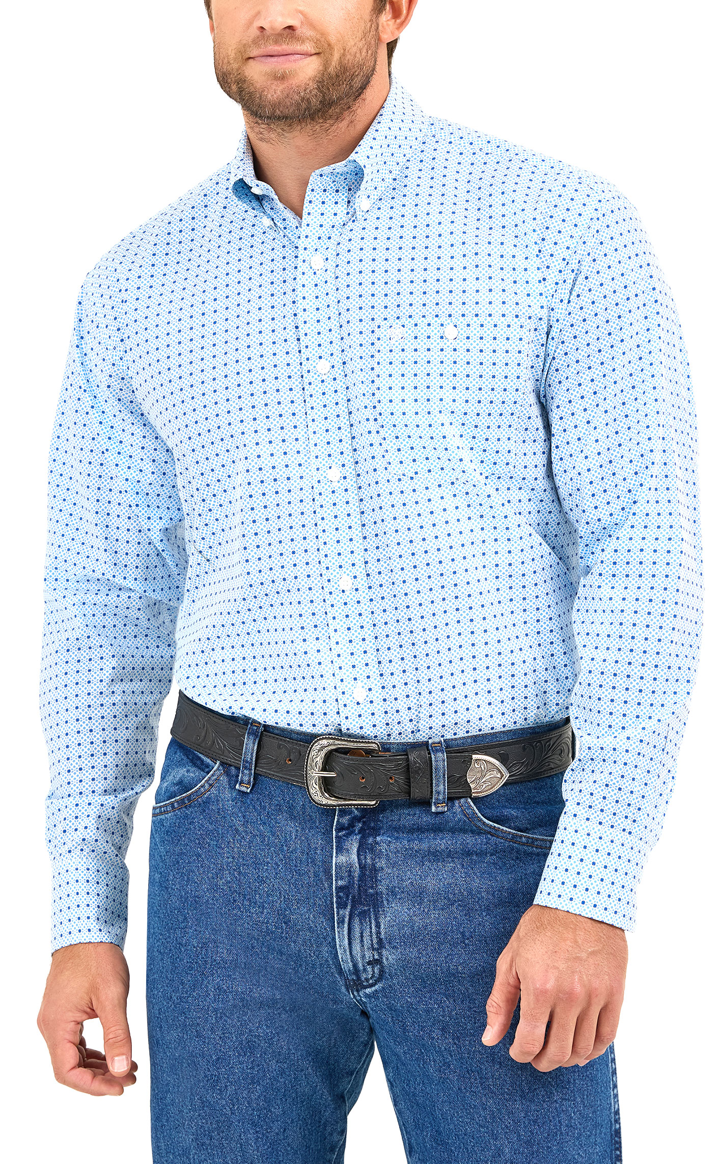 Wrangler Men's Classic Navy & Sky Geo Western Shirt - Image 1