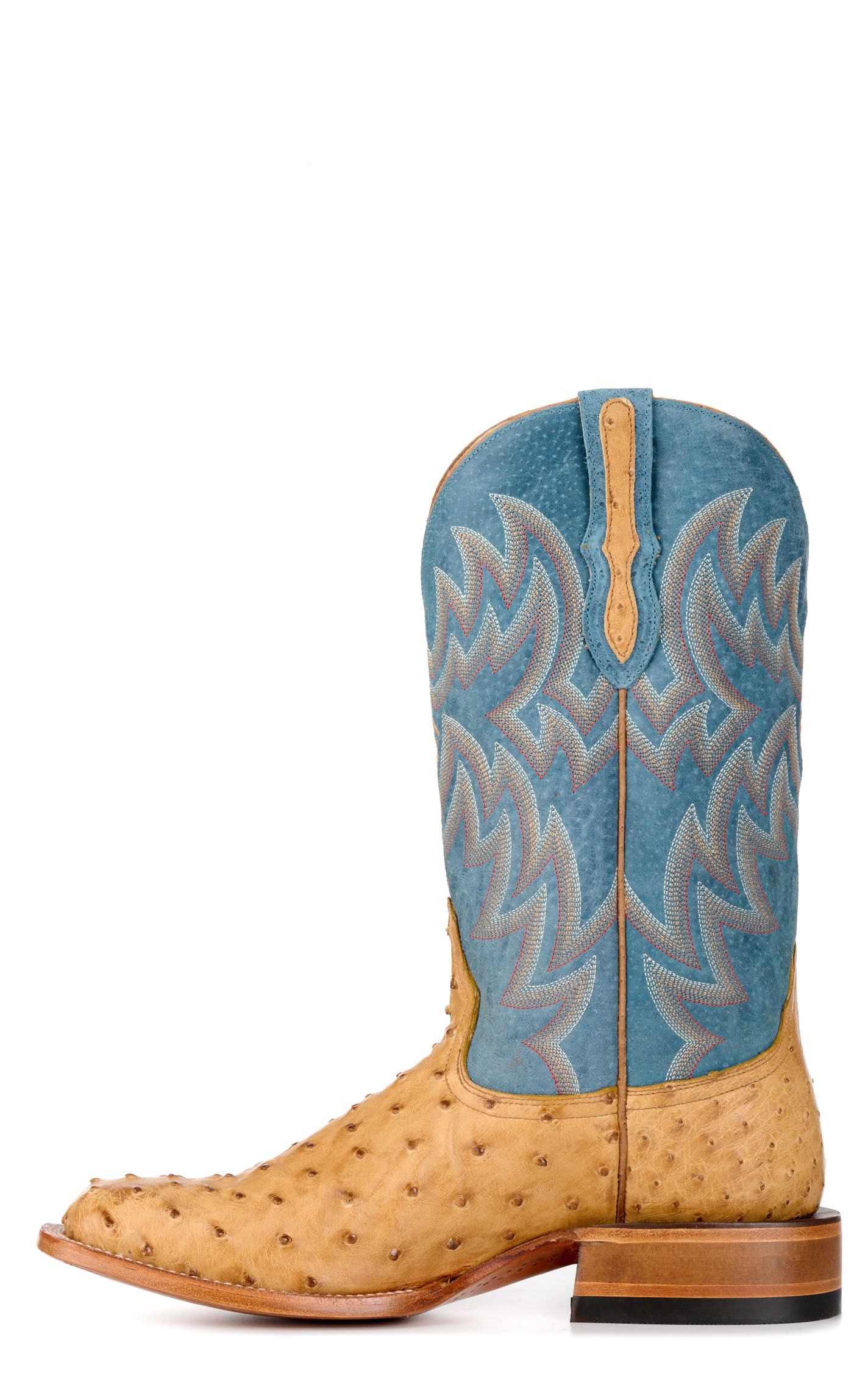 Cavender's Men's Blue and Saddle Full Quill Ostrich Wide Square Toe Exotic Cowboy Boots - Image 1